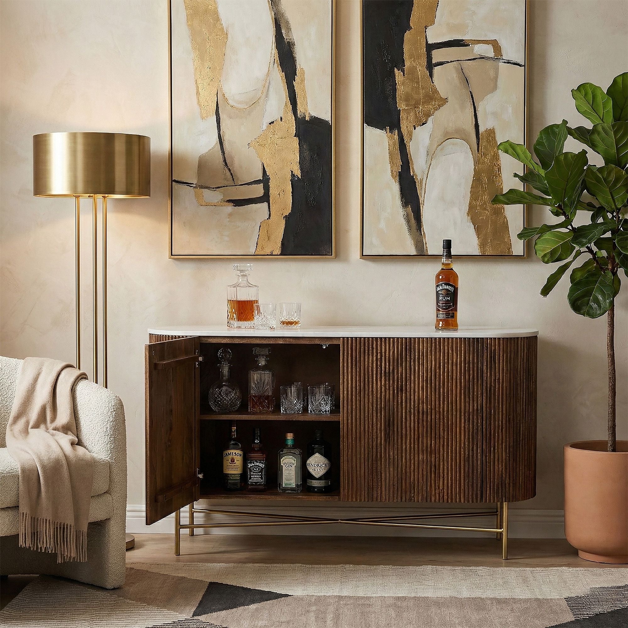 Reyna Mango Wood & Marble Top Sideboard, 57" in Walnut and White