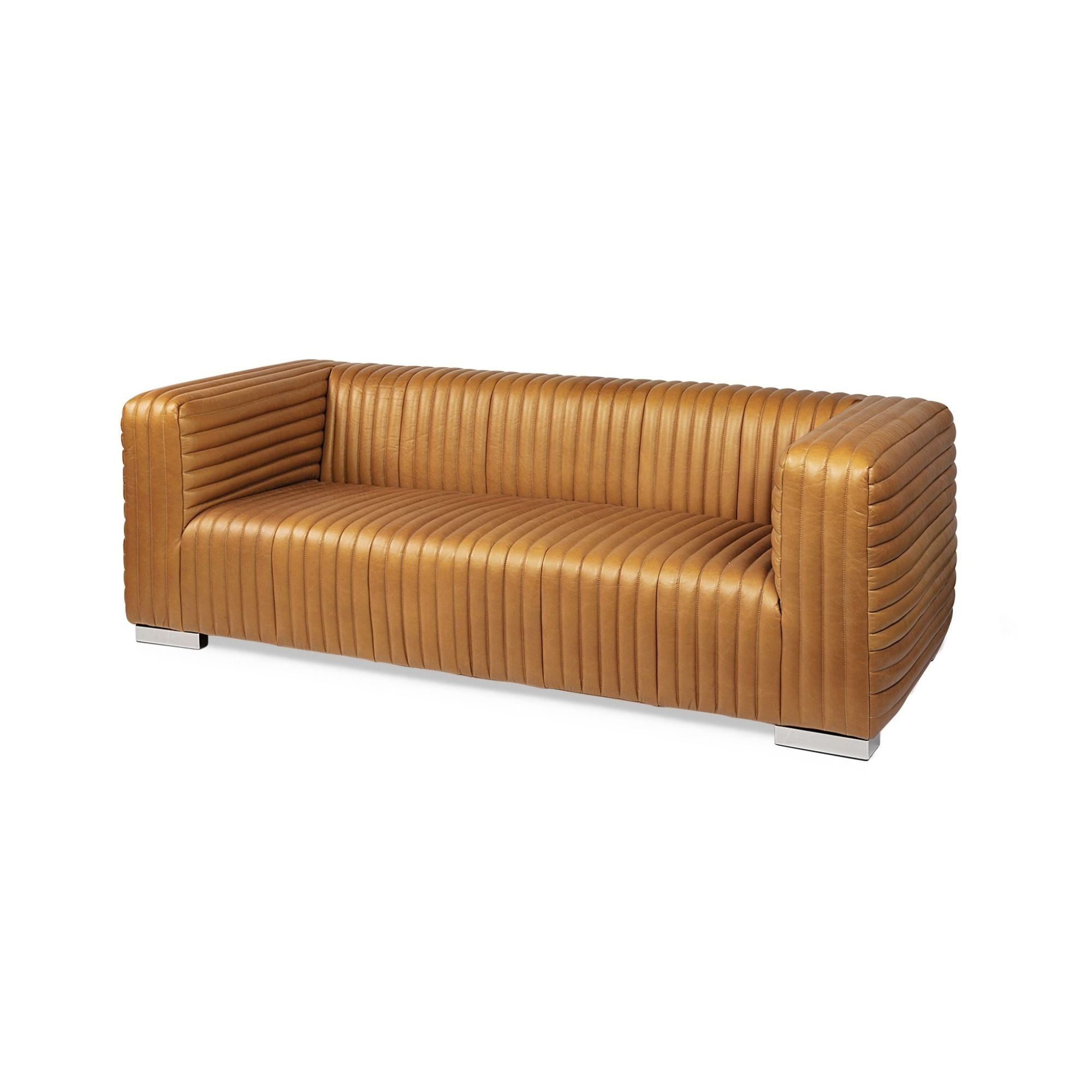 Mercana Ricciardo cognac leather three-seater sofa with curved back and cushioned seat