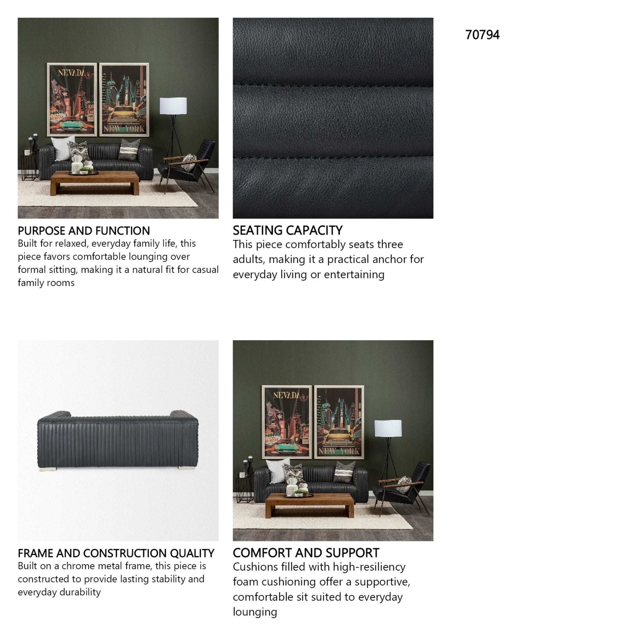 Mercana Ricciardo 82.5-inch black leather three-seater sofa with sleek contemporary design