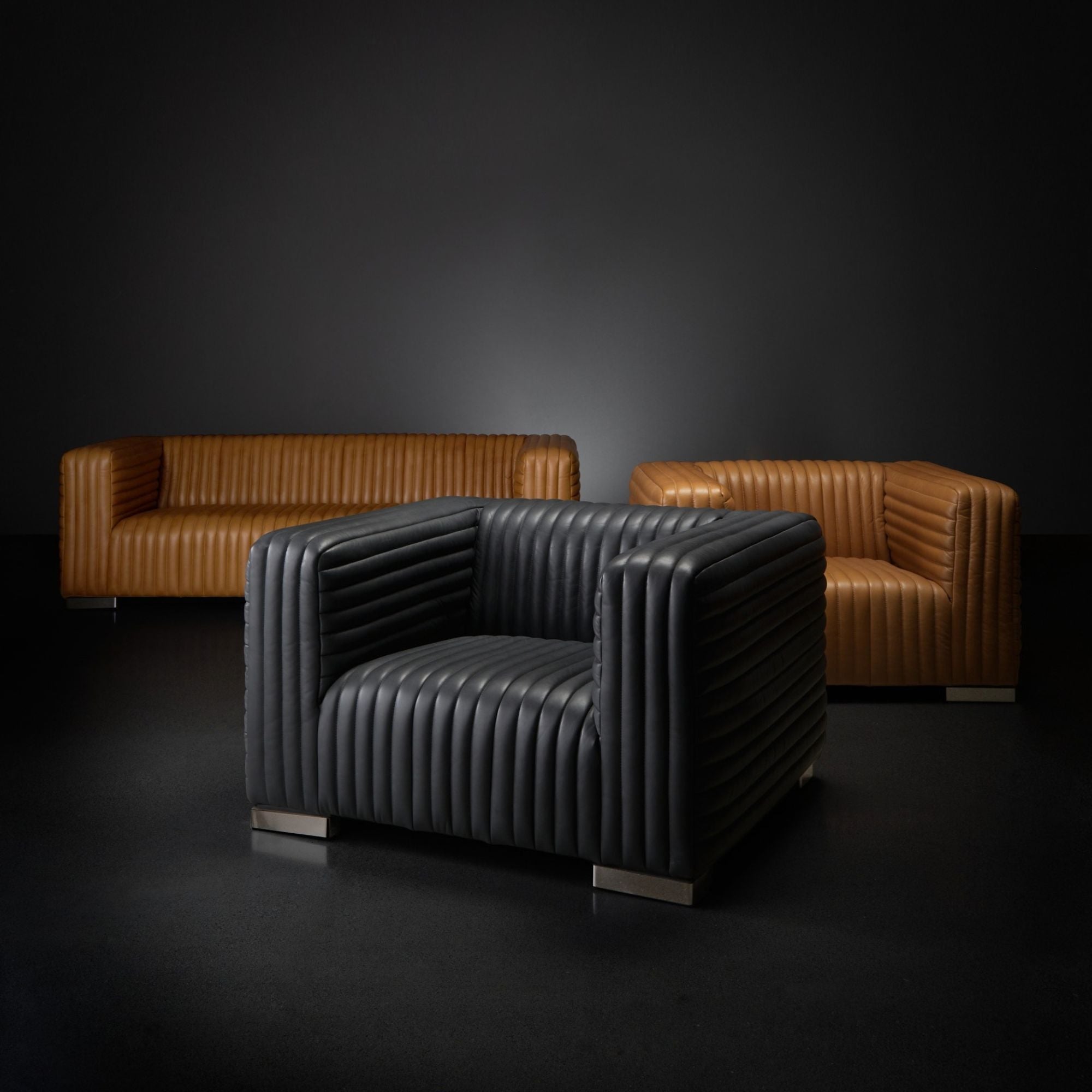Mercana Ricciardo 82.5-inch cognac leather three-seater sofa with plush cushions and clean-lined design