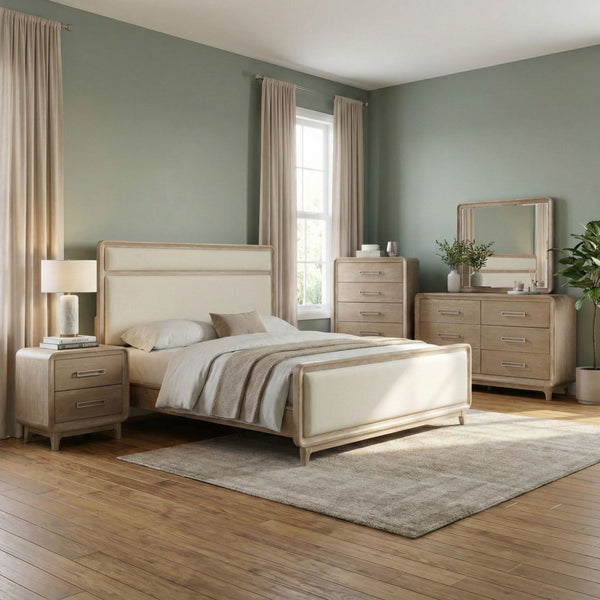 Maz Wilshire Collection beige bedroom set featuring a bed with a padded headboard and matching nightstands in a modern design.