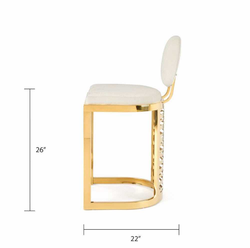 Xcella Rochelle gold counter stool with a sleek design, featuring a cushioned seat and modern metal frame.