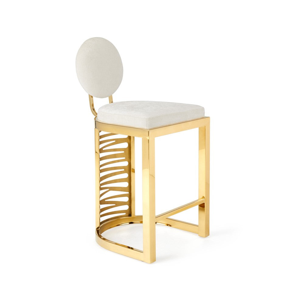 Xcella Rochelle counter stool in gold with ivory upholstery, featuring a sleek bar stool design with a cushioned seat.
