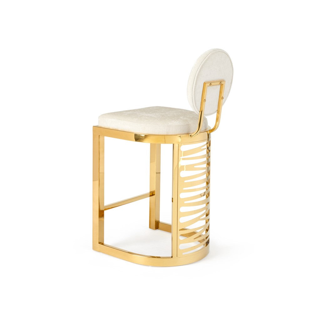 Xcella Rochelle Gold counter stool with ivory upholstery and backrest, featuring sleek gold legs and modern bar stool design.