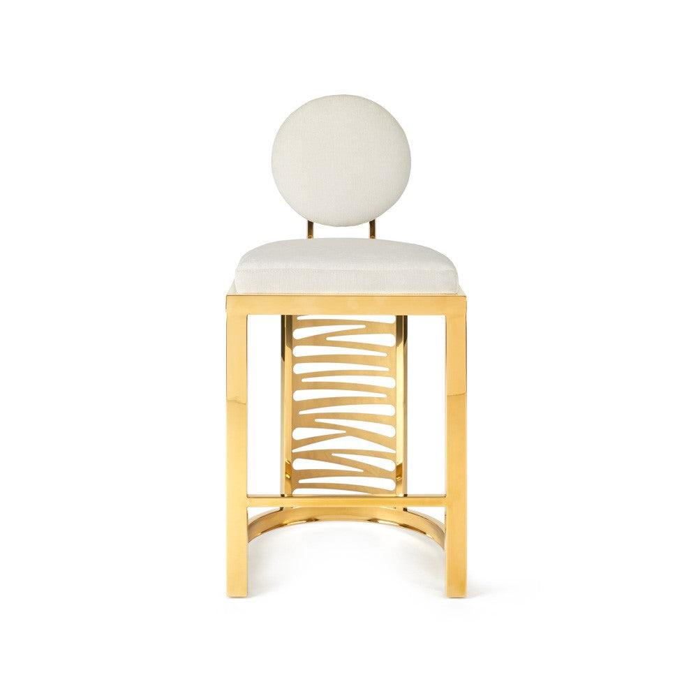 Gold Rochelle counter stool by Xcella with a sleek design and cushioned seat, perfect for modern bar or kitchen seating.