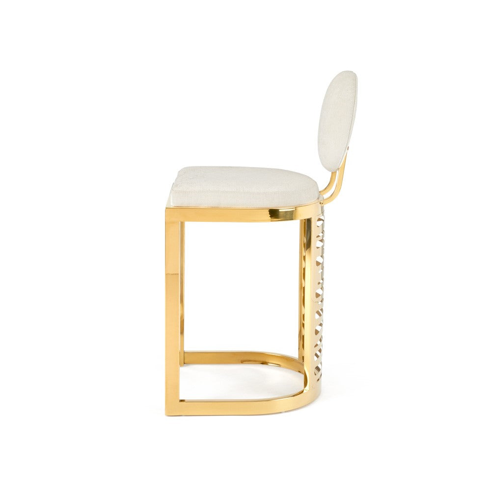 Xcella Rochelle counter stool in gold with ivory seat and side view, showcasing modern bar stool design.