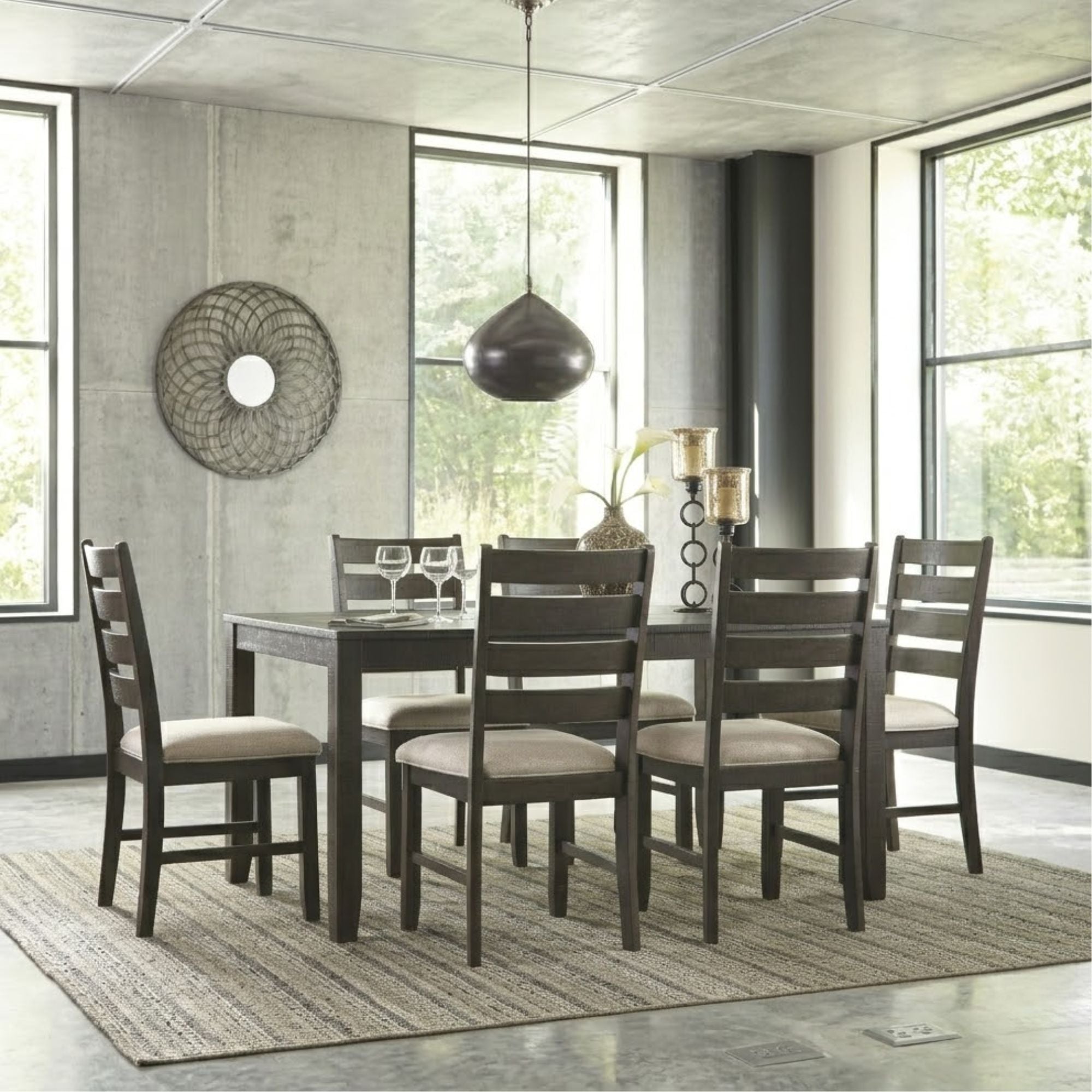 Modern Rokane 7-piece dining room table set by Ashley with a rectangular table and matching chairs, perfect for family meals.