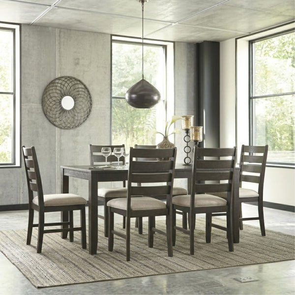 Rokane 7-piece dining room table set by Signature Ashley featuring a wooden table and matching chairs arranged in a modern style.