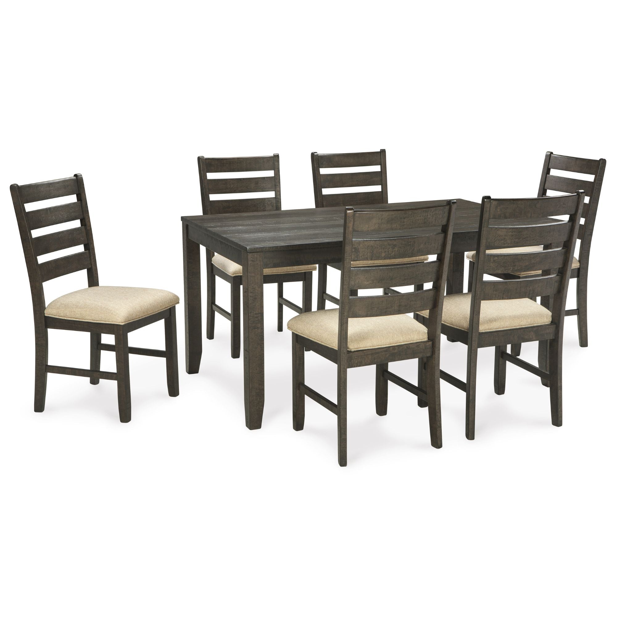 Rokane 7-piece dining room table set by Signature Ashley with wooden table and matching chairs in a modern dining space.