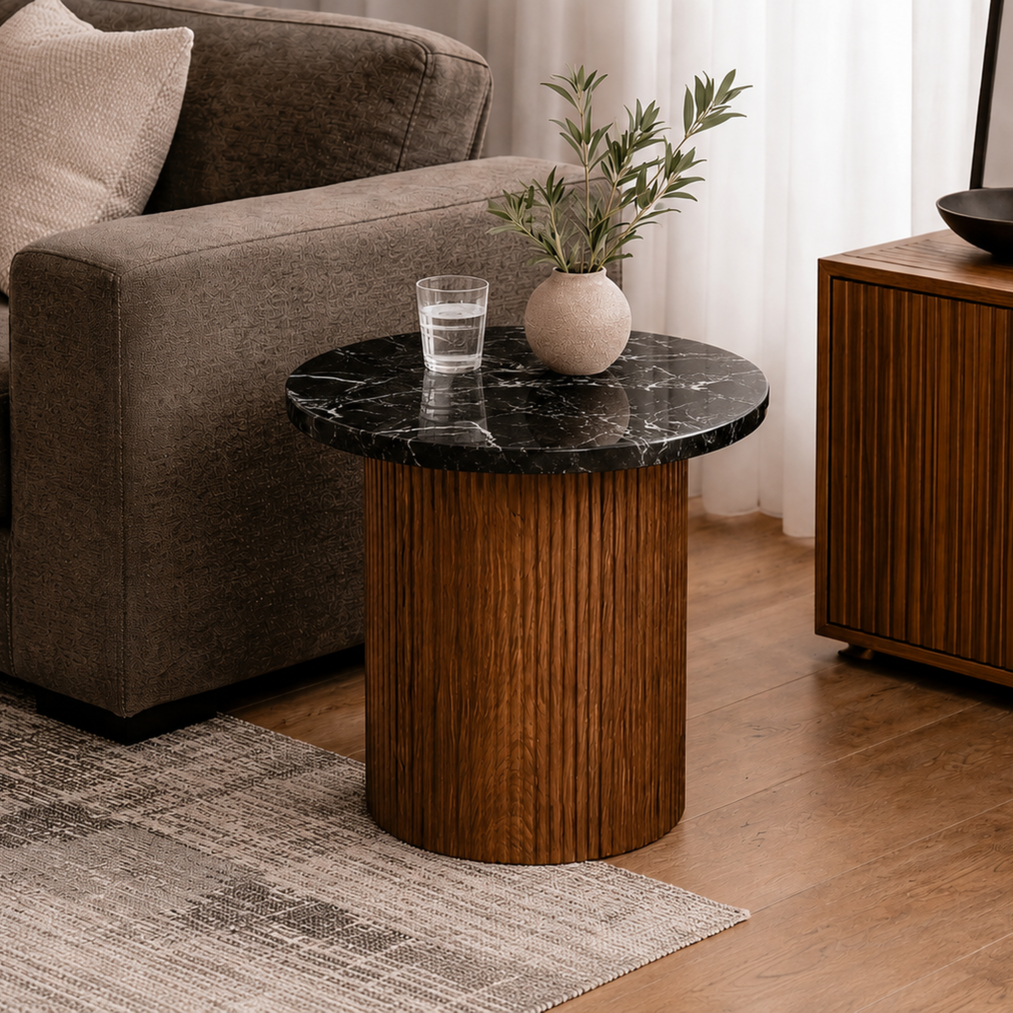 Roman Black Marble End Table Walnut Base
