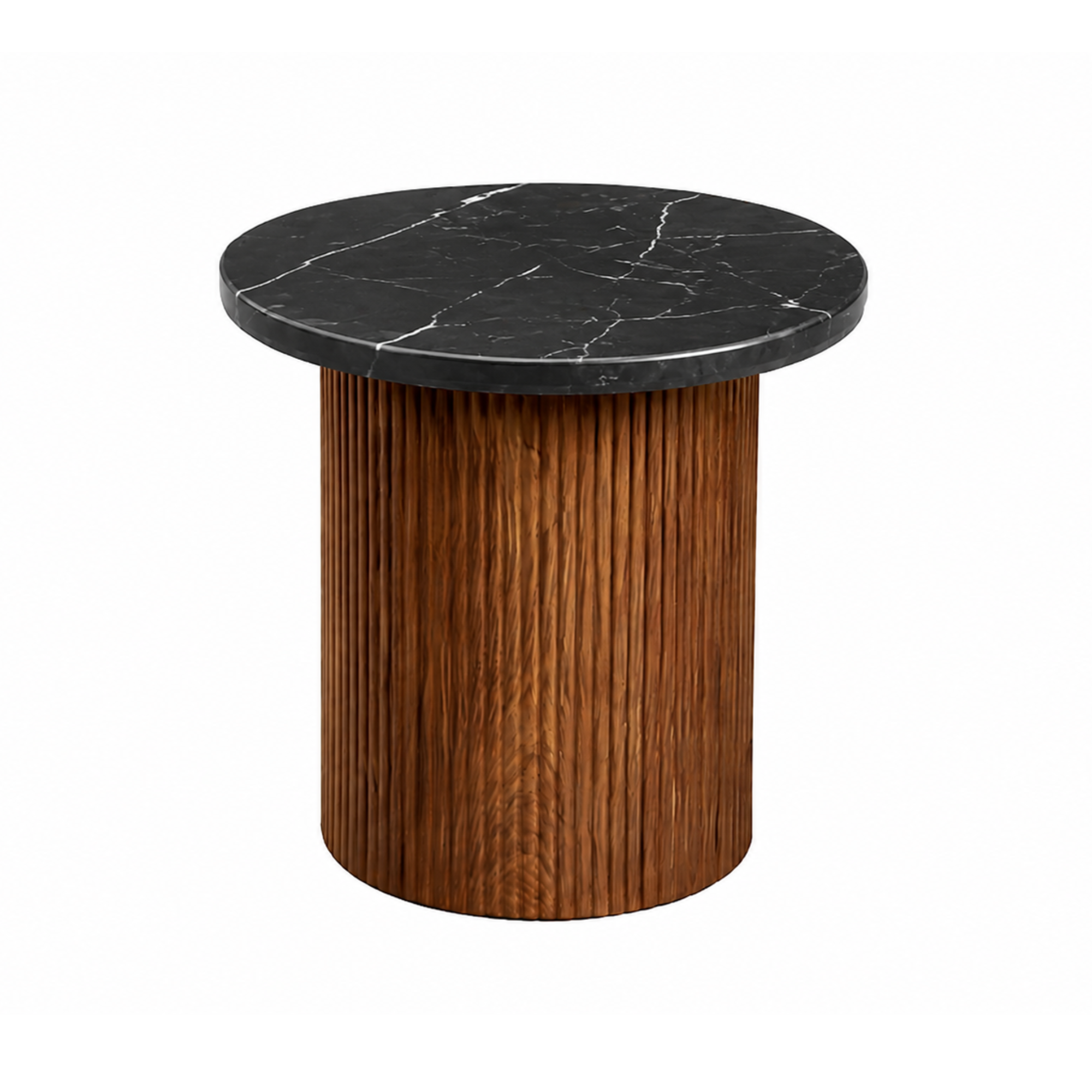 Roman Black Marble End Table Walnut Base