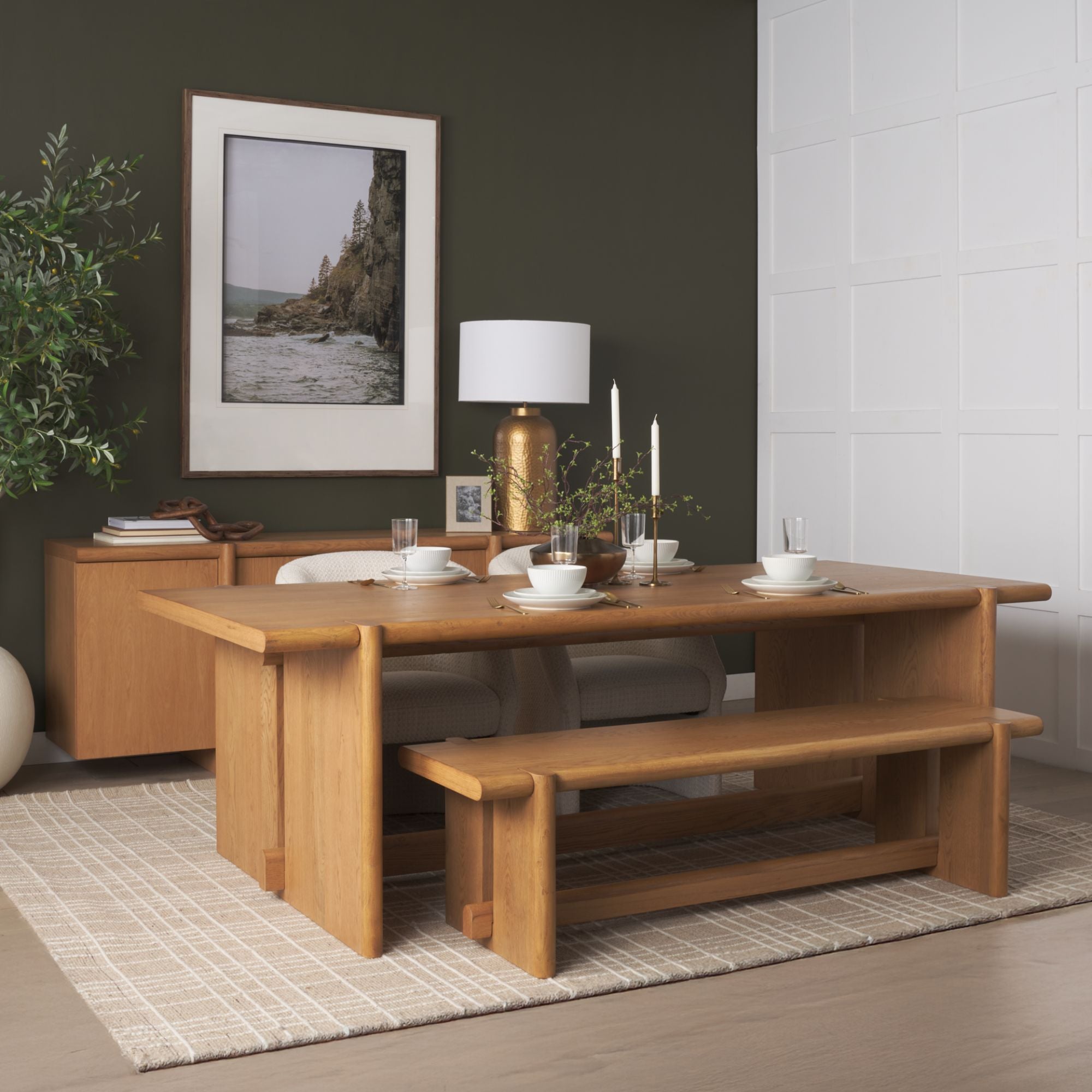 Mercana Rowan Collection 94-inch oak wood rectangular dining table showing smooth tabletop and sturdy wooden legs.