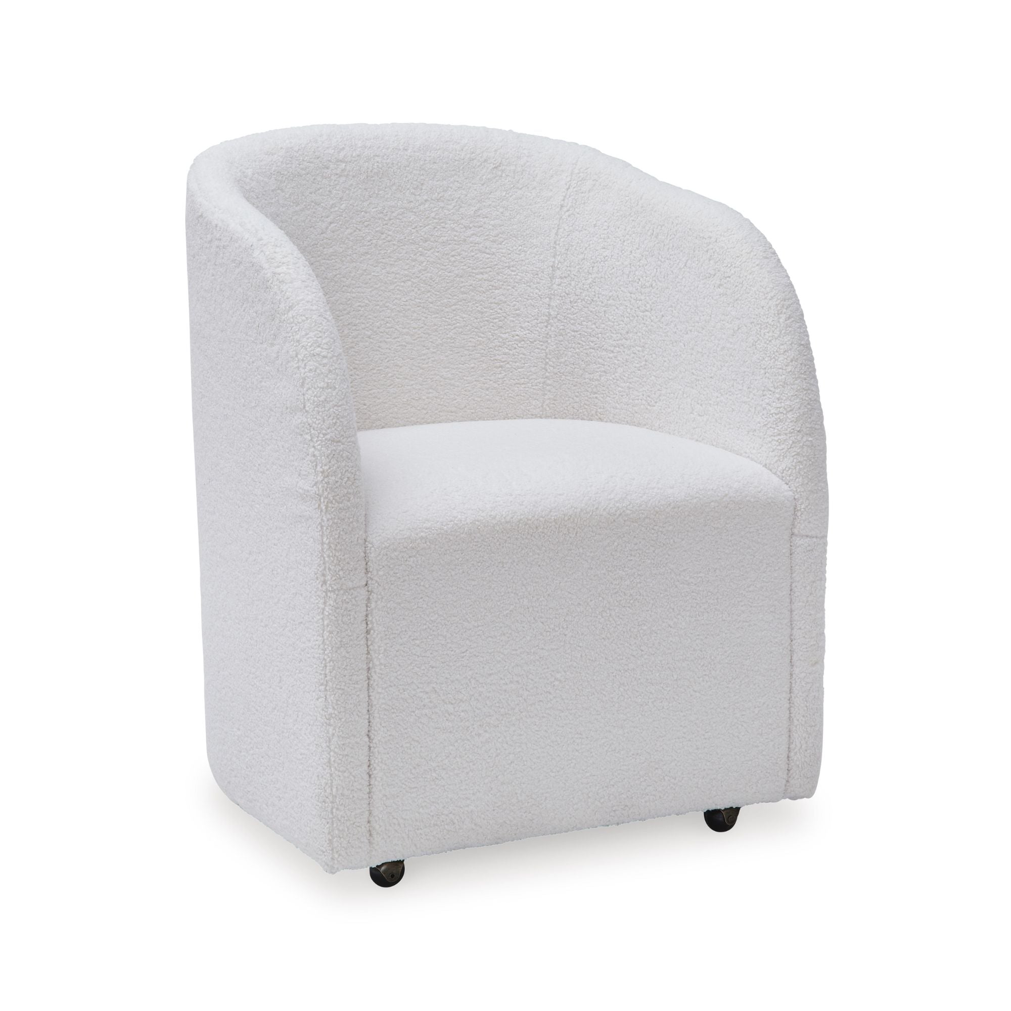 Signature Ashley Rowanbeck UPH arm dining chair with beige upholstery and wooden legs, shown from a side angle.