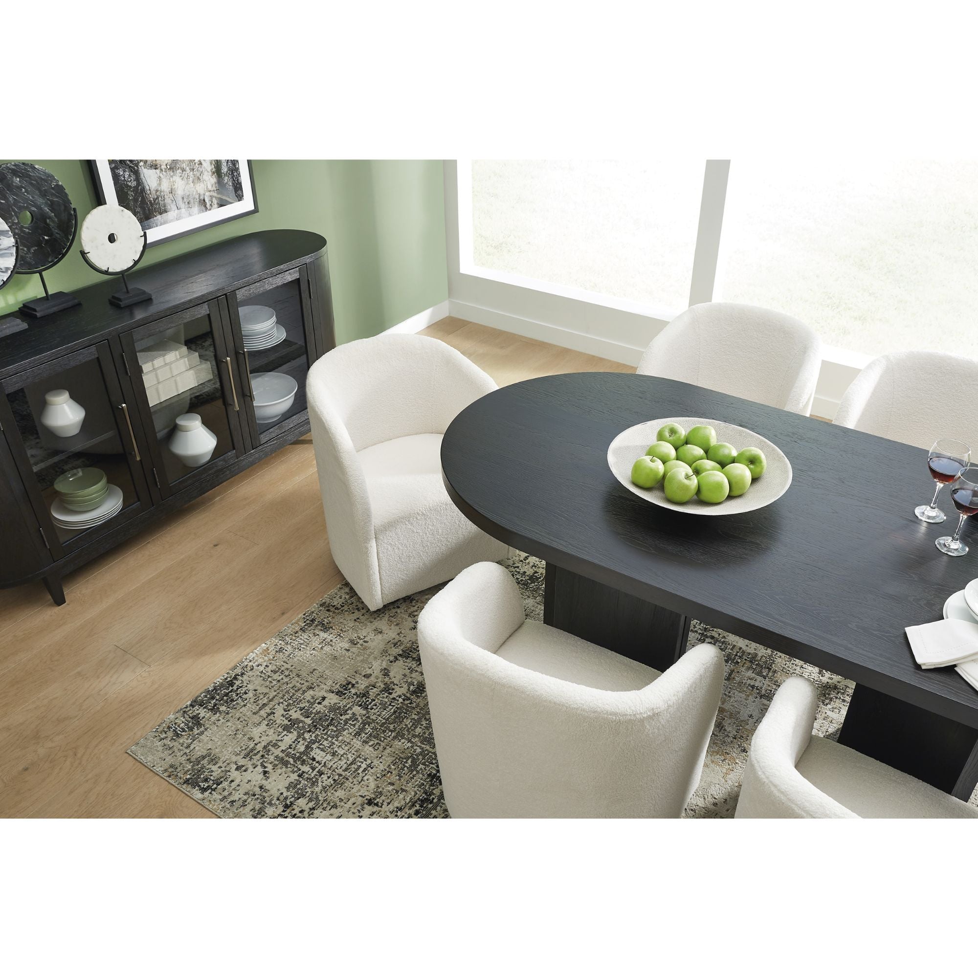 Ashley Rowanbeck 7-piece dining room set with arm chairs, featuring wooden table and upholstered chairs for a modern dining space.