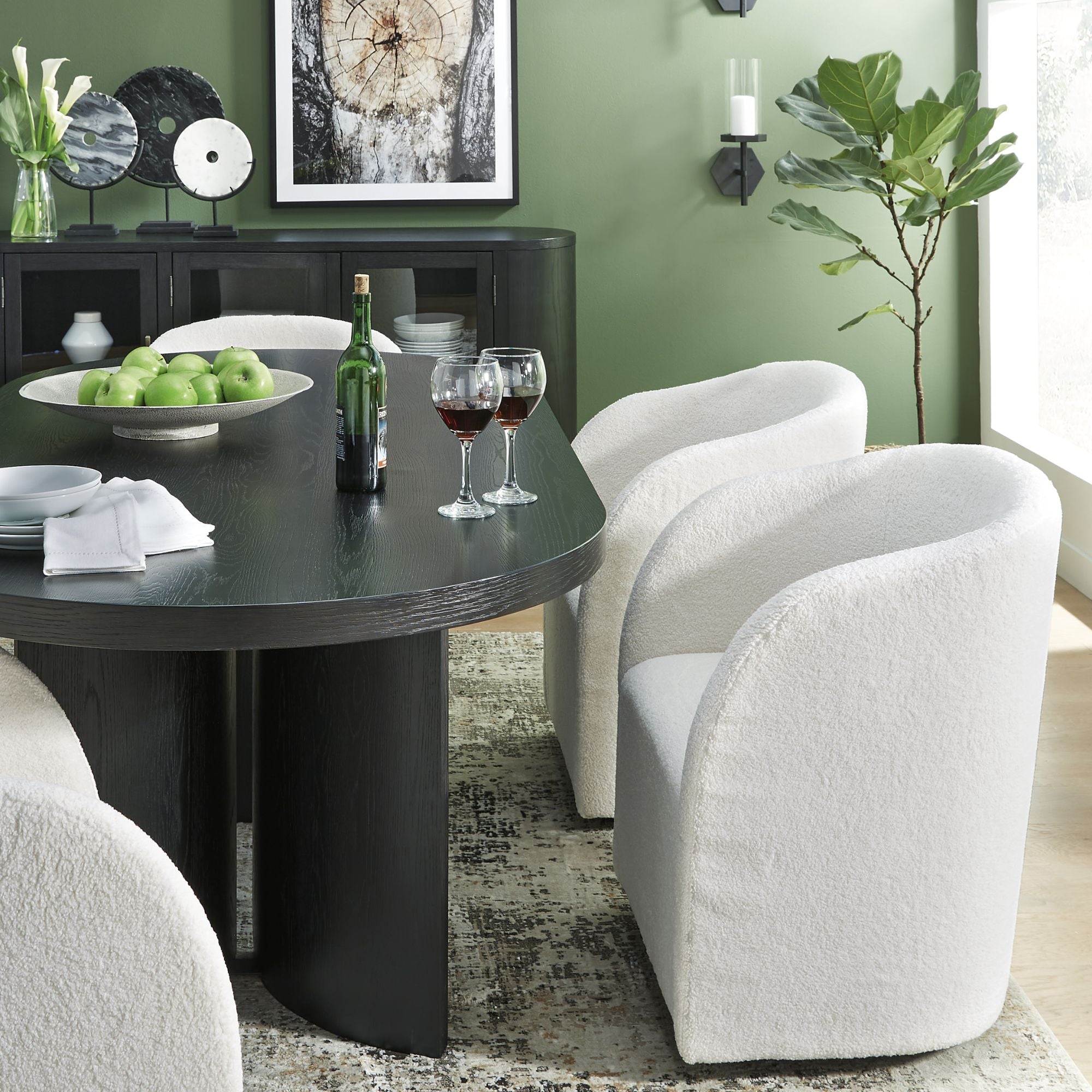 Ashley Rowanbeck 7-piece dining set with arm chairs, featuring wooden table and upholstered chairs for a stylish dining room.