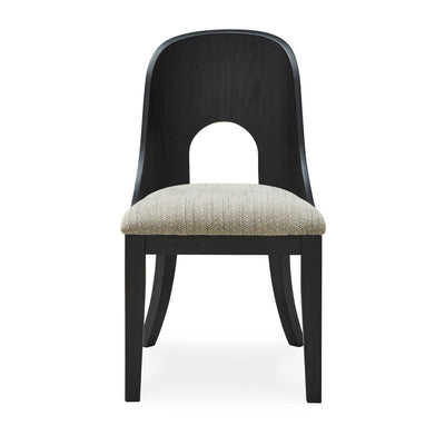 Ashley Rowanbeck UPH side dining chair with a wooden frame and upholstered seat, shown from a side angle.