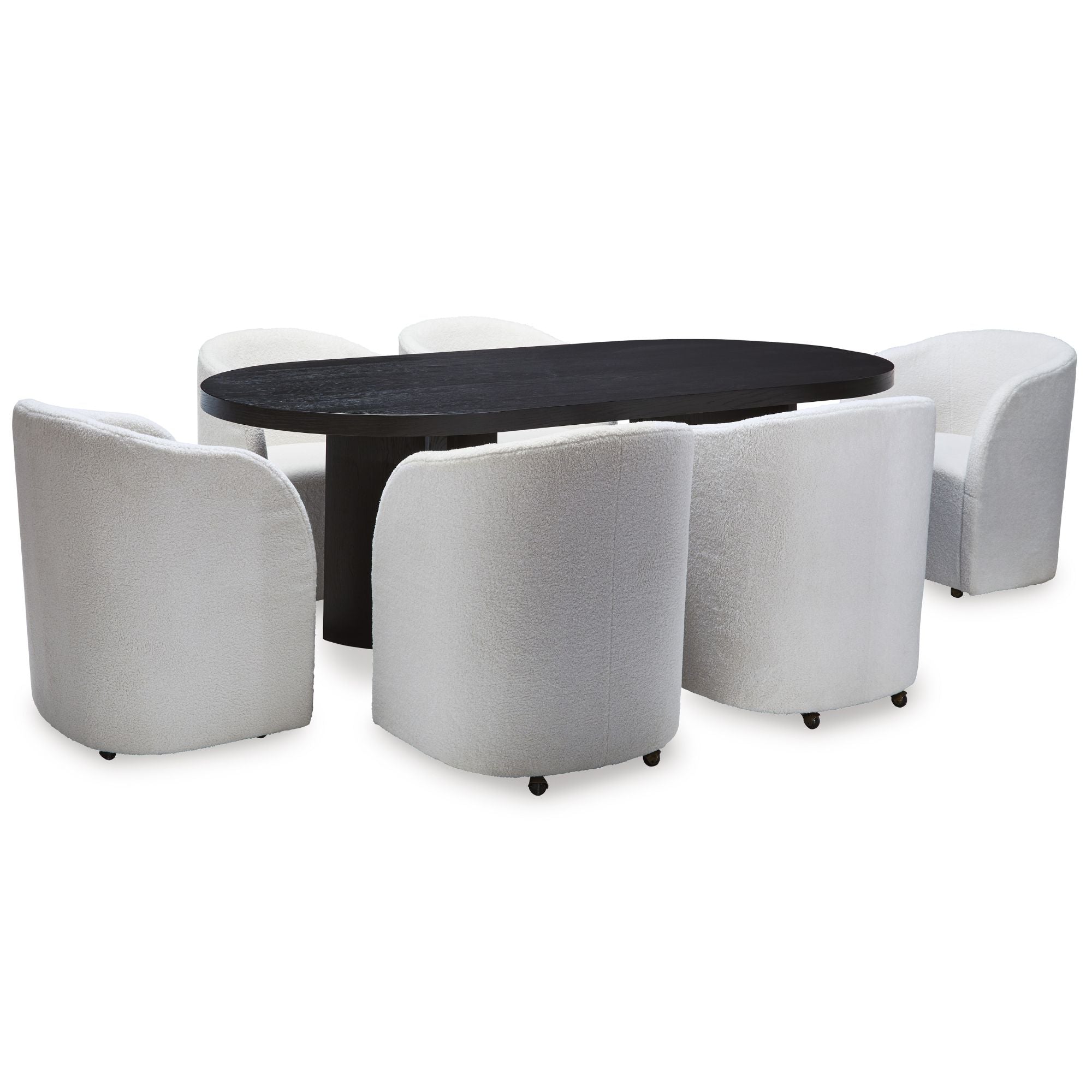 Ashley Rowanbeck 7-piece dining room set with arm chairs, showcasing a stylish wooden table and upholstered chairs in a modern dining space.