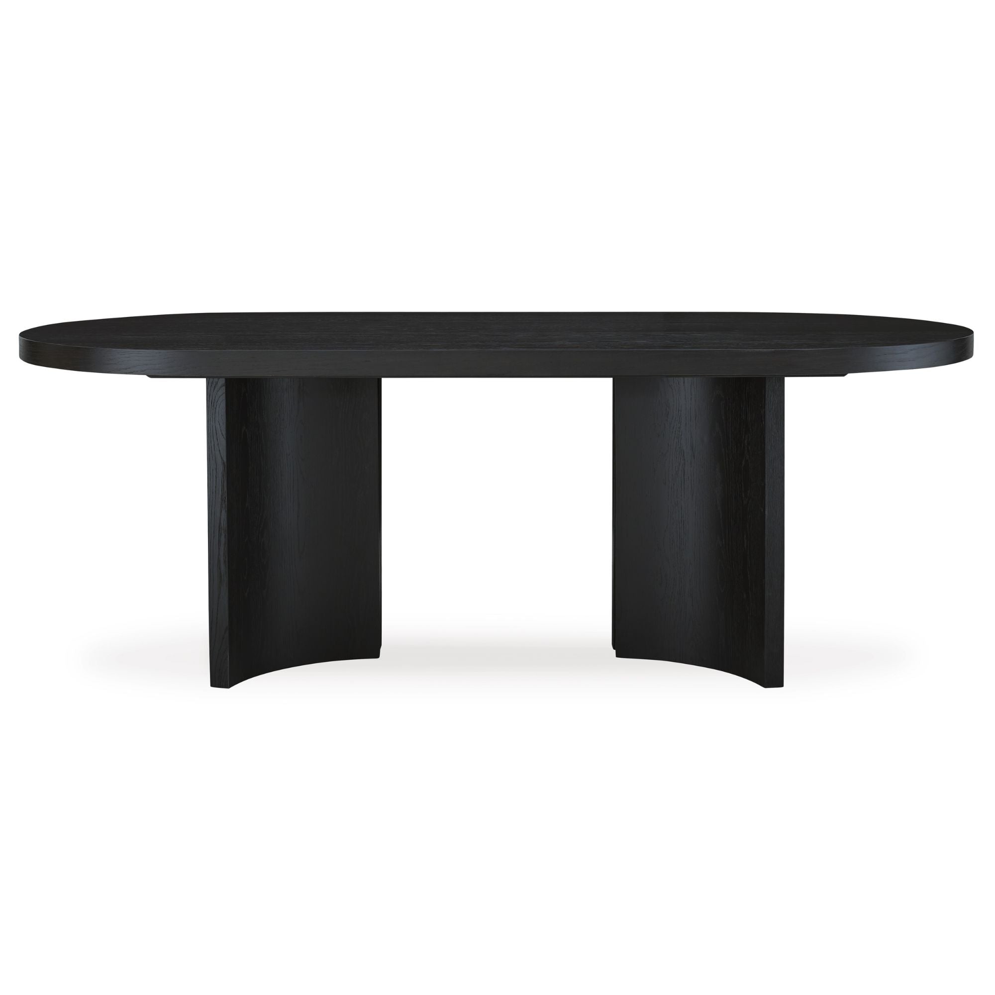 Signature Ashley Rowanbeck oval dining table with a polished wooden surface and sturdy tapered legs, perfect for family meals.
