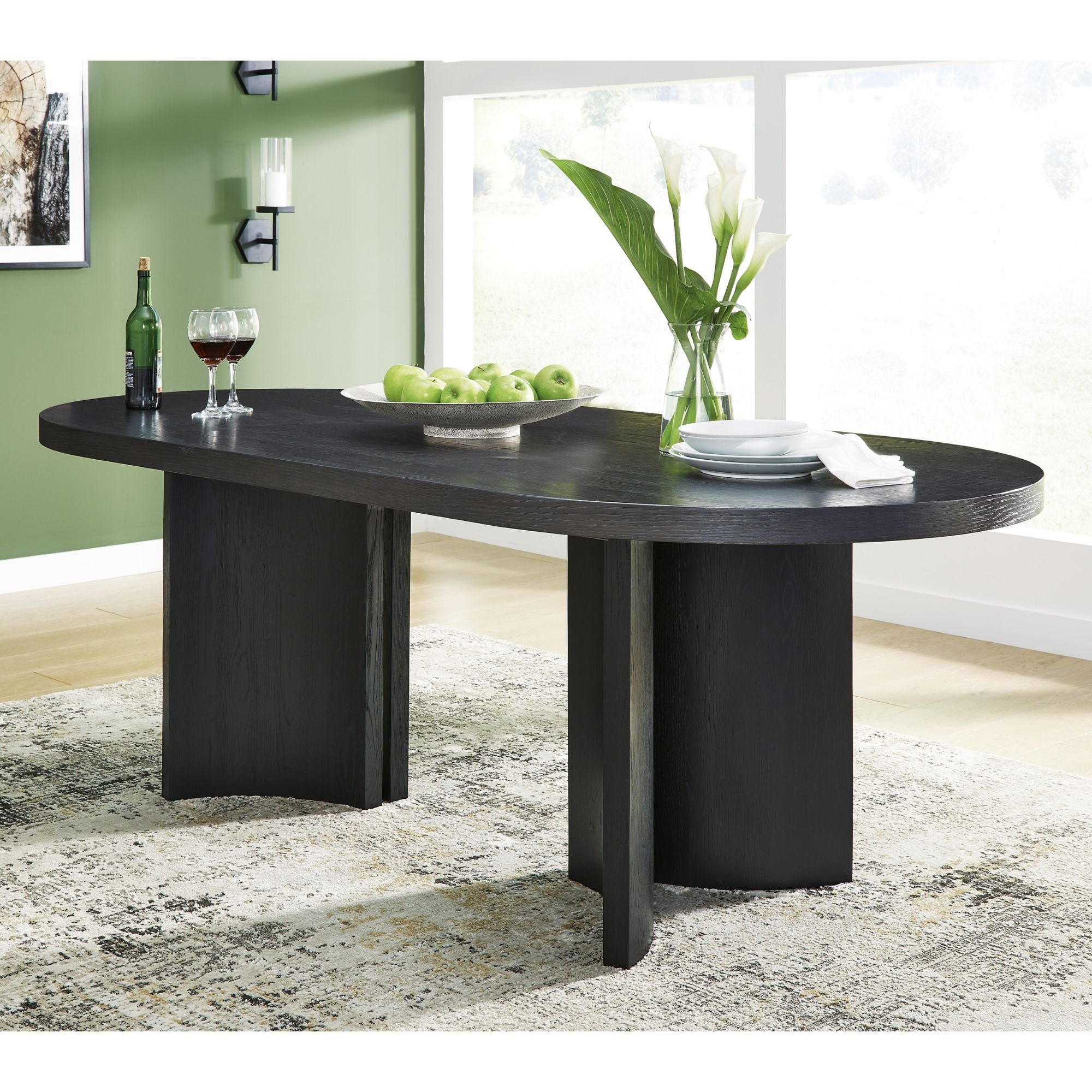 Oval Signature Ashley Rowanbeck dining table with wooden finish and elegant design, suitable for contemporary dining rooms.