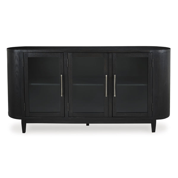 Signature Ashley Rowanbeck dining room server with wood finish, featuring multiple storage drawers and cabinet doors for elegant dining storage.