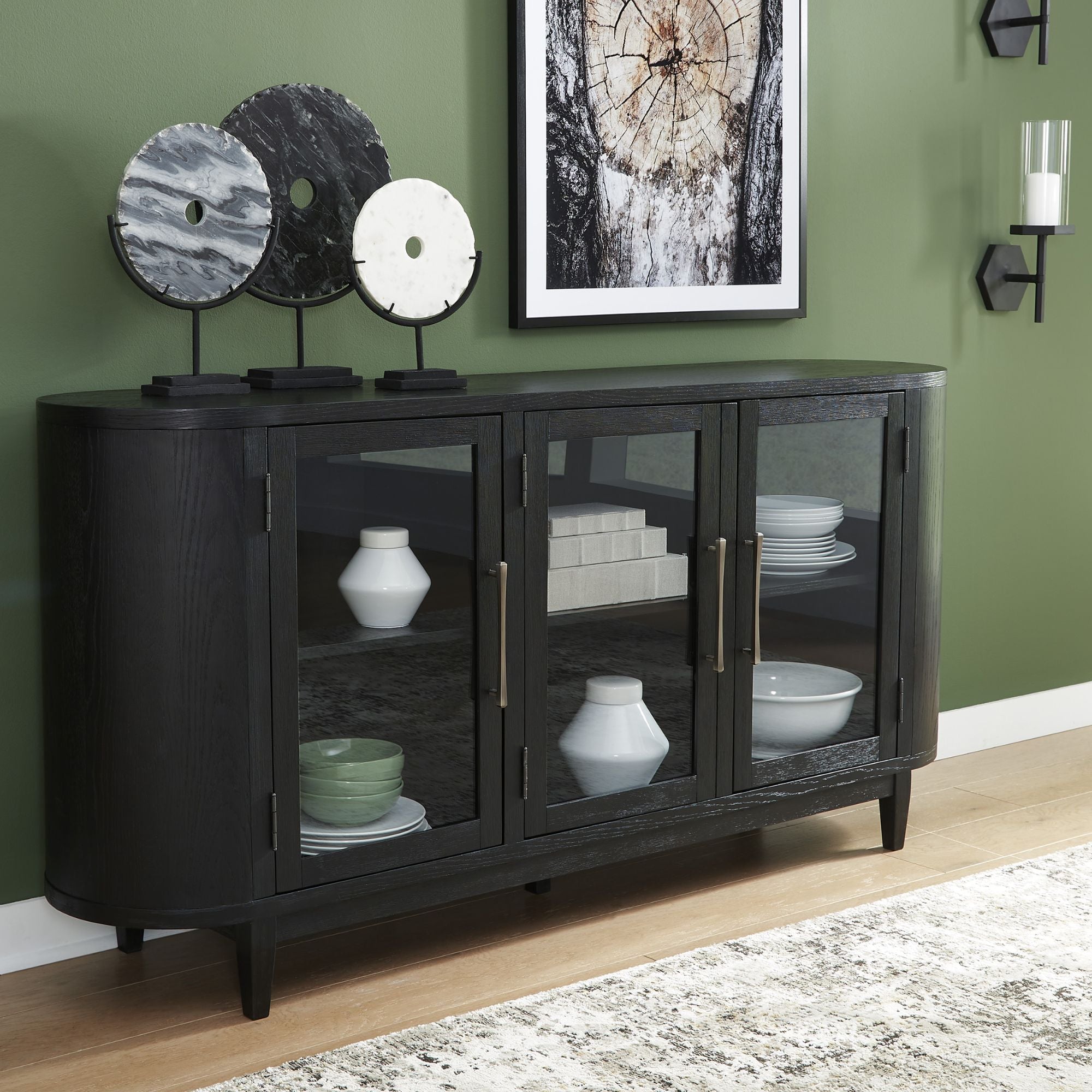 Signature Ashley Rowanbeck dining room server with wooden finish, featuring storage drawers and cabinet doors for elegant dining space.