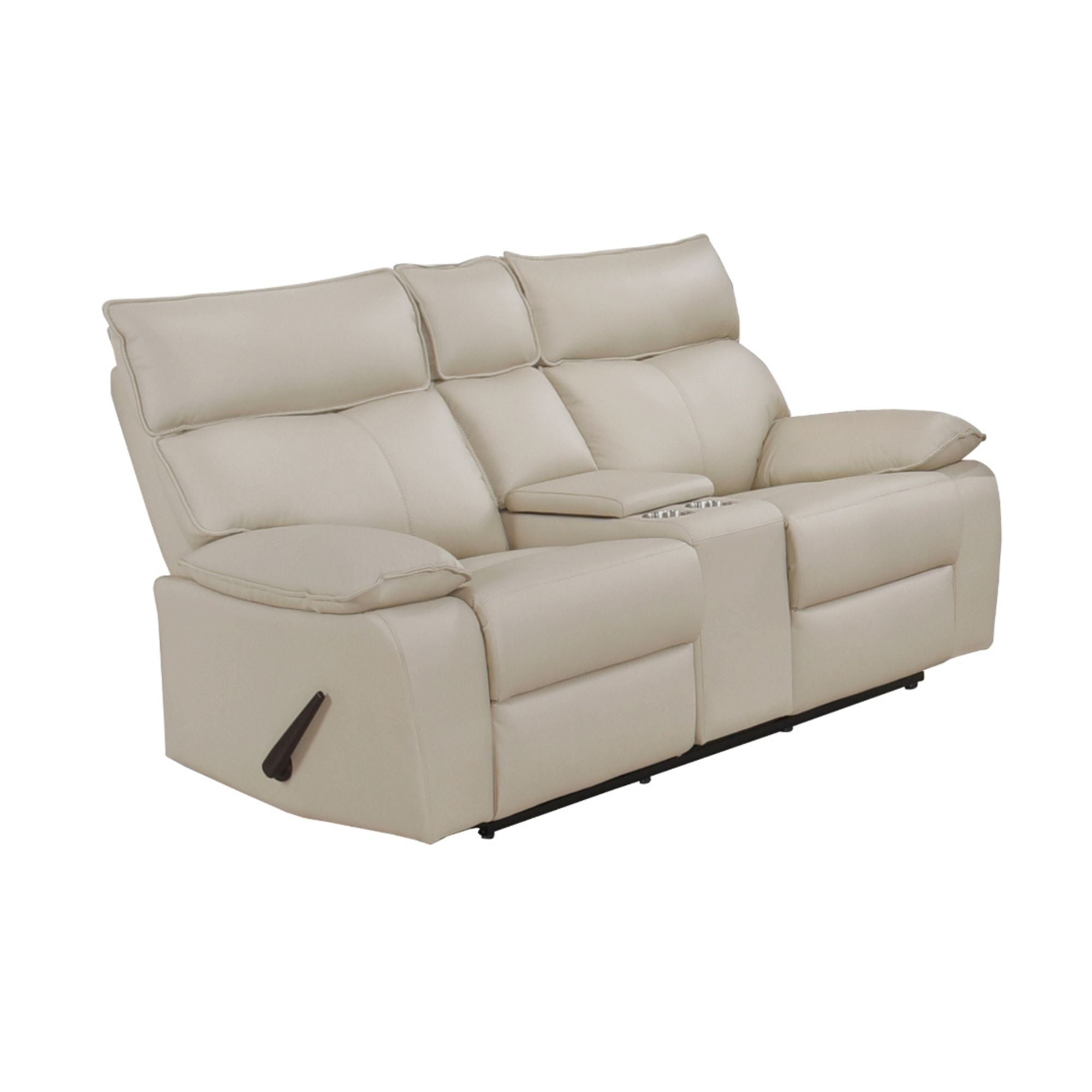 MAZ Rylan Collection leather reclining loveseat with plush cushions and armrests, showcasing its modern design and dark brown upholstery.