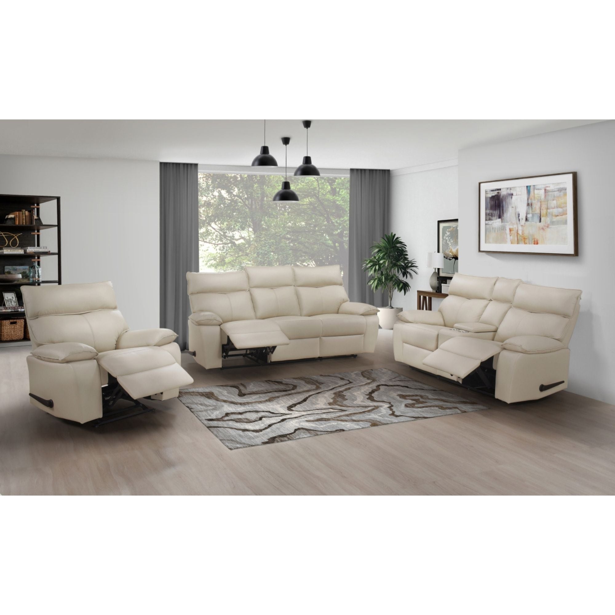MAZ Rylan Collection leather reclining loveseat with plush cushions and built-in recline feature, shown in a cozy living room setting.