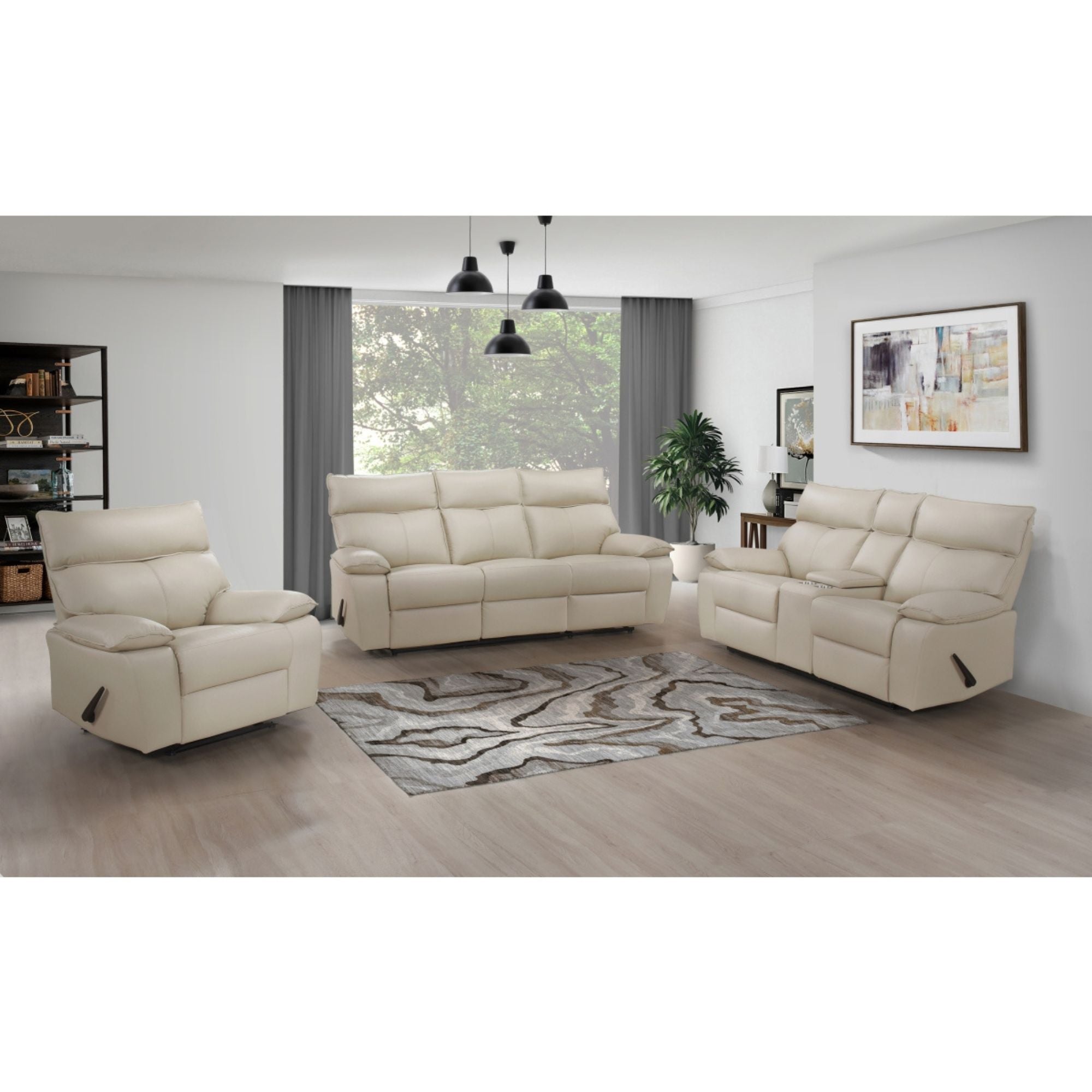 MAZ Rylan Collection leather reclining loveseat with plush cushions and reclining features, shown in a modern living room setting.