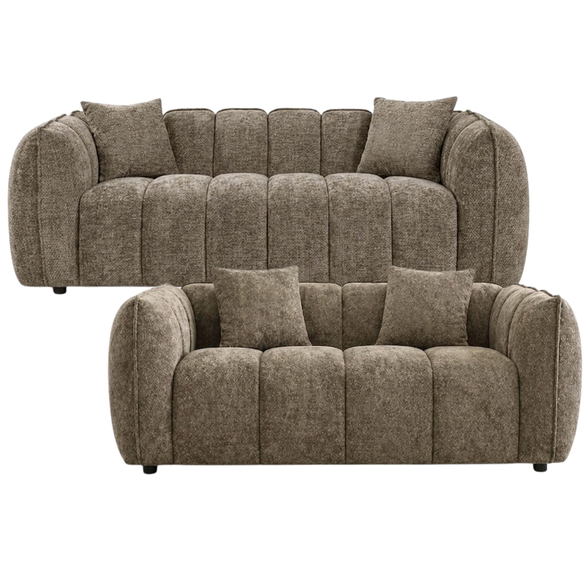 Taupe contemporary channel tufted sofa and loveseat set by Brassex, showcasing plush upholstery and modern design.