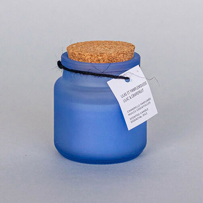 F&T Lilac & Grapefruit scented candle in a blue jar with cork lid