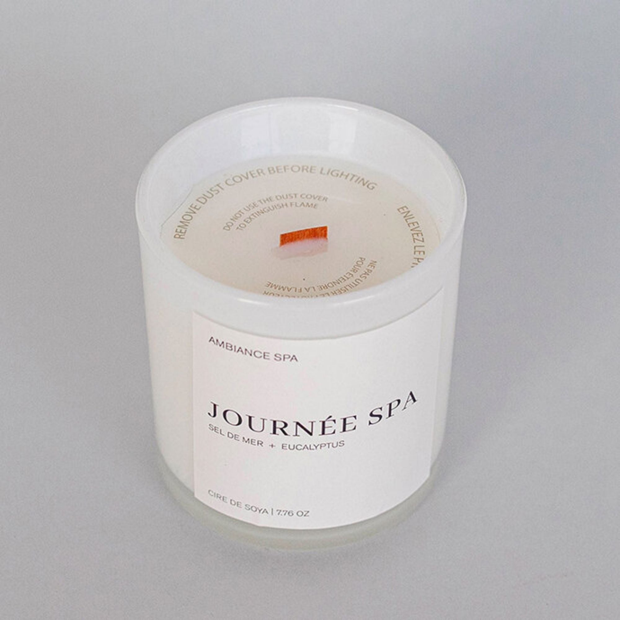 F&T Sea Salt & Eucalyptus scented wooden wick soy candle in a minimalist jar