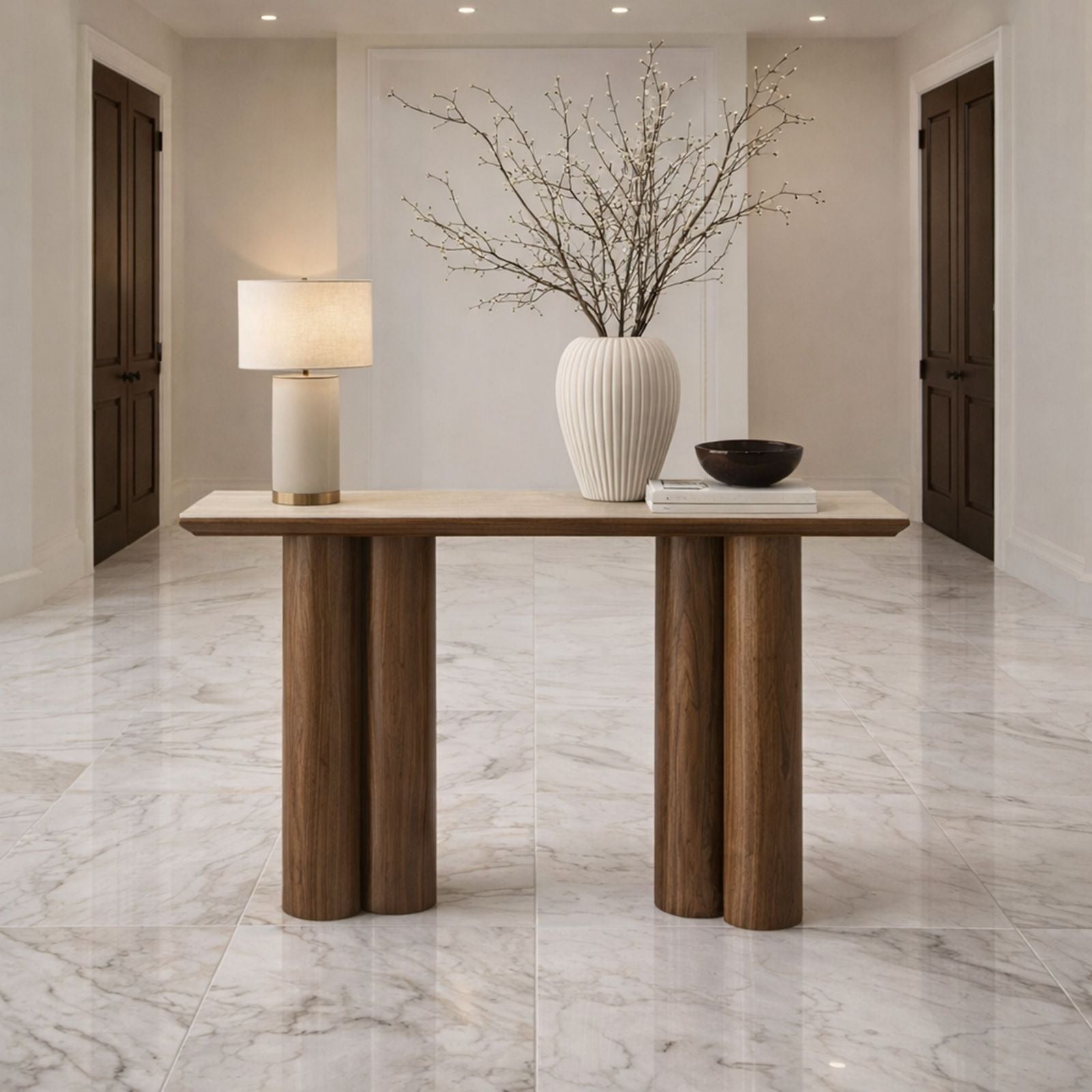 Seaton 47.25-Inch Sintered Stone Console Table in Walnut and Travertine