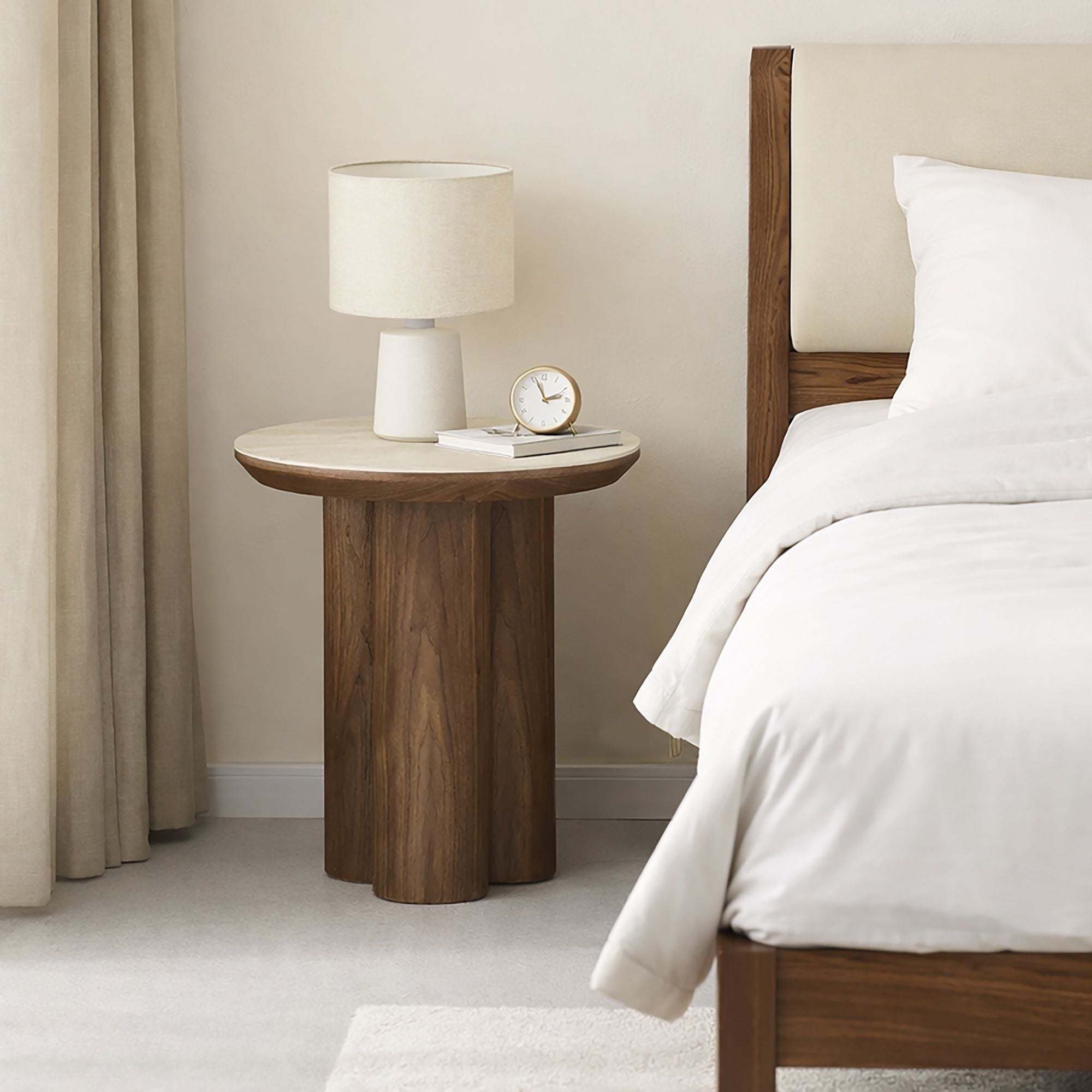 Seaton Round Accent Table in Walnut and Travertine (Pre-order)