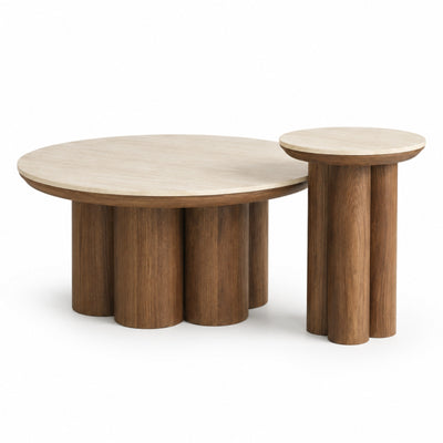 Seaton Round Coffee Table Set in Walnut and Travertine (pre-order)