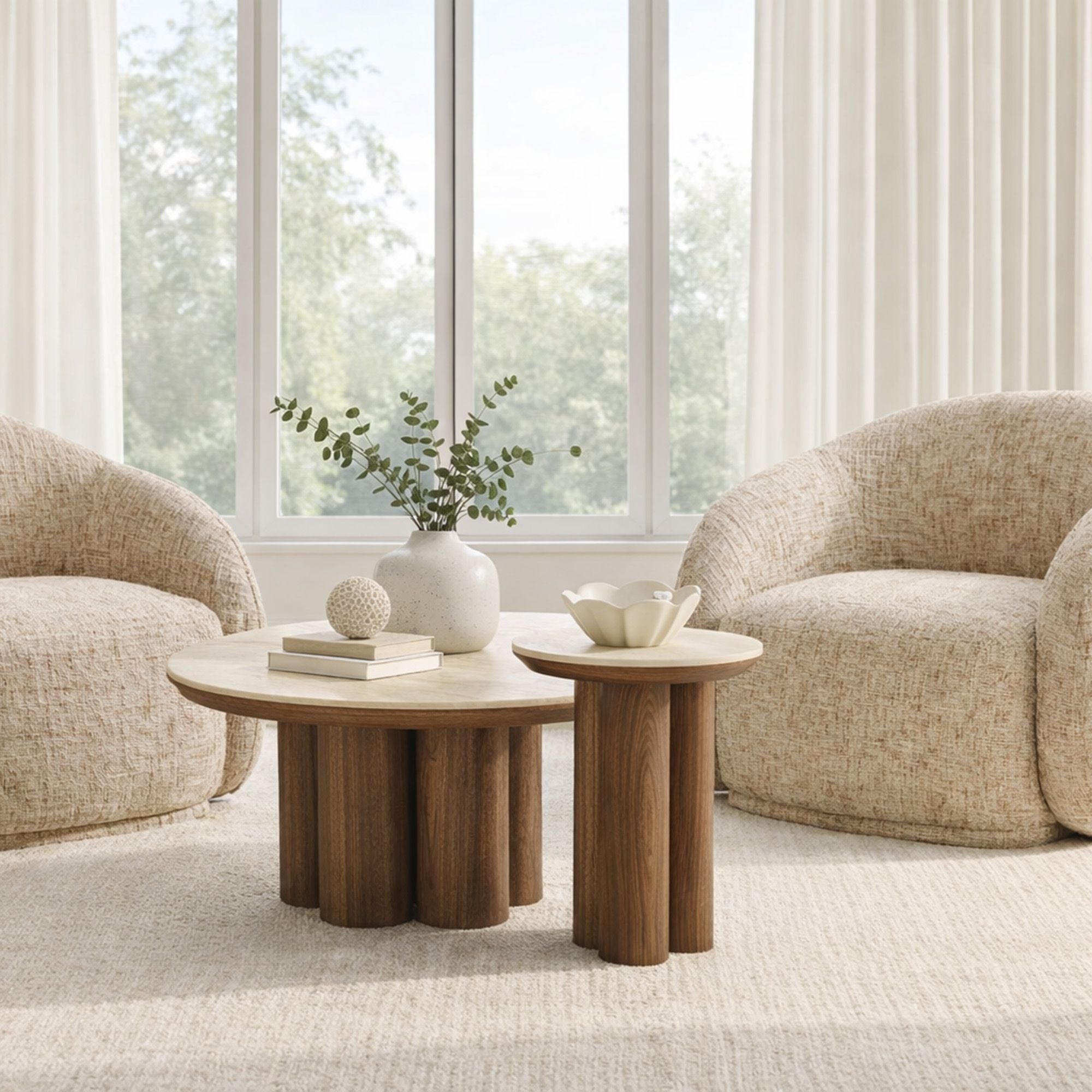 Seaton Round Coffee Table Set in Walnut and Travertine (pre-order)