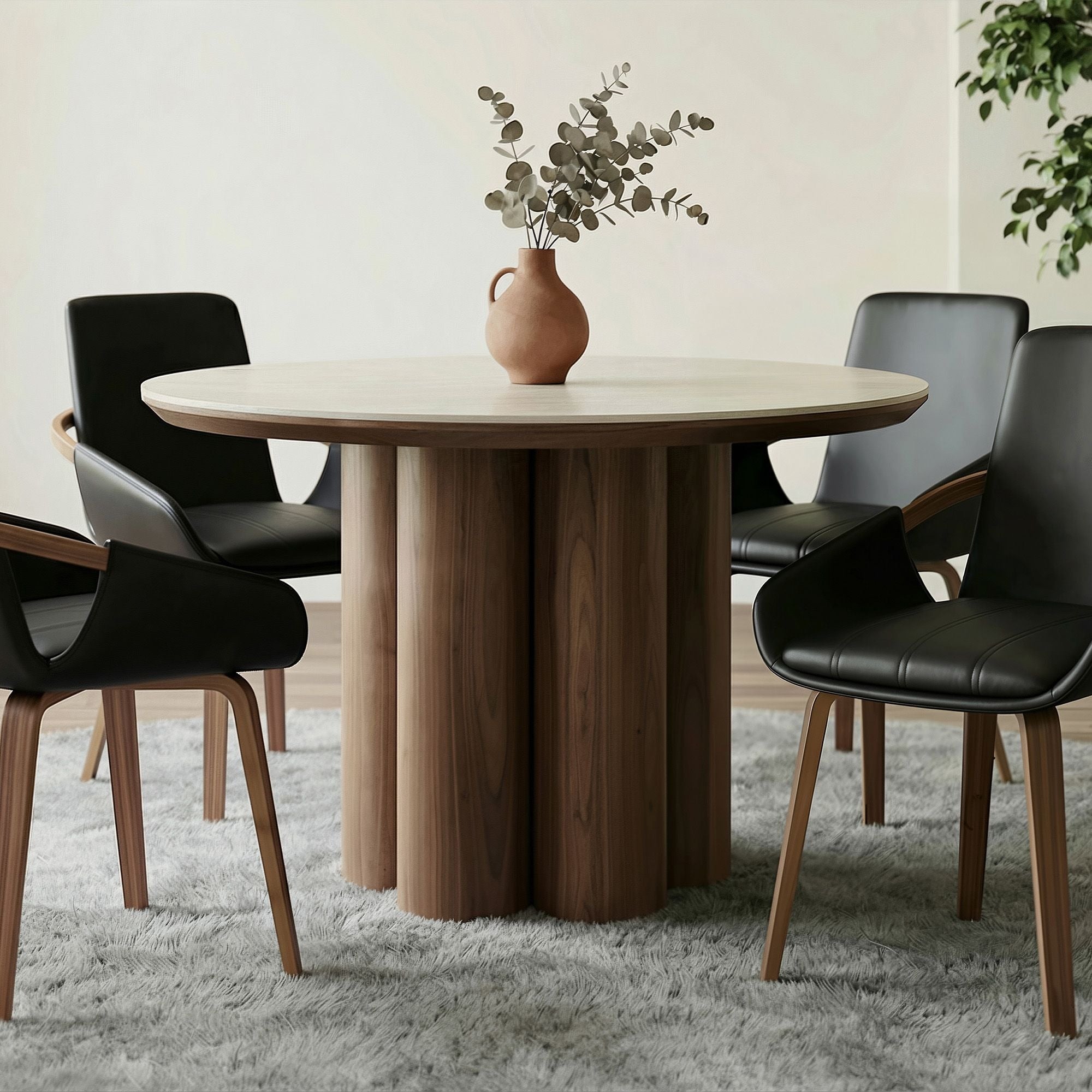Seaton 47" Round Sintered Stone Dining Table in Walnut and Travertine (Pre-Order)