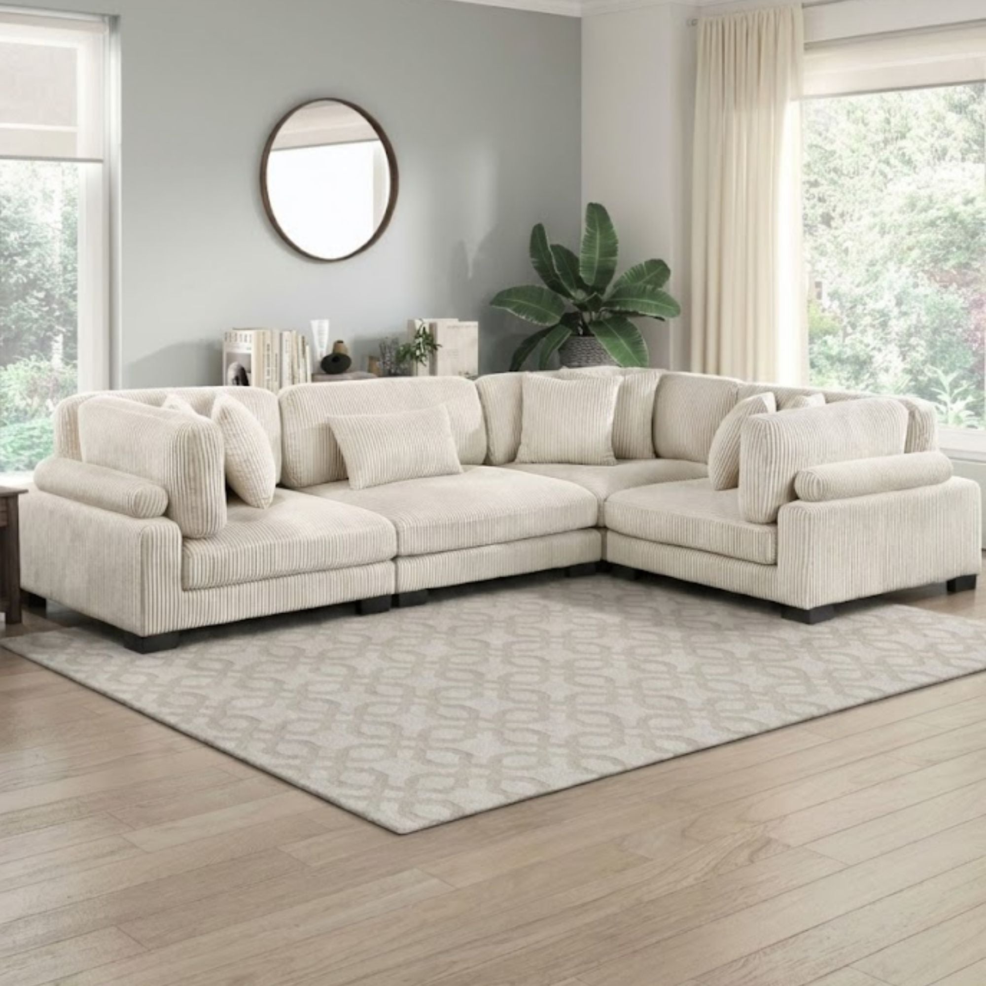 MAZ Traverse 4-piece modular sectional sofa in beige with plush cushions and modern design, perfect for contemporary living rooms.