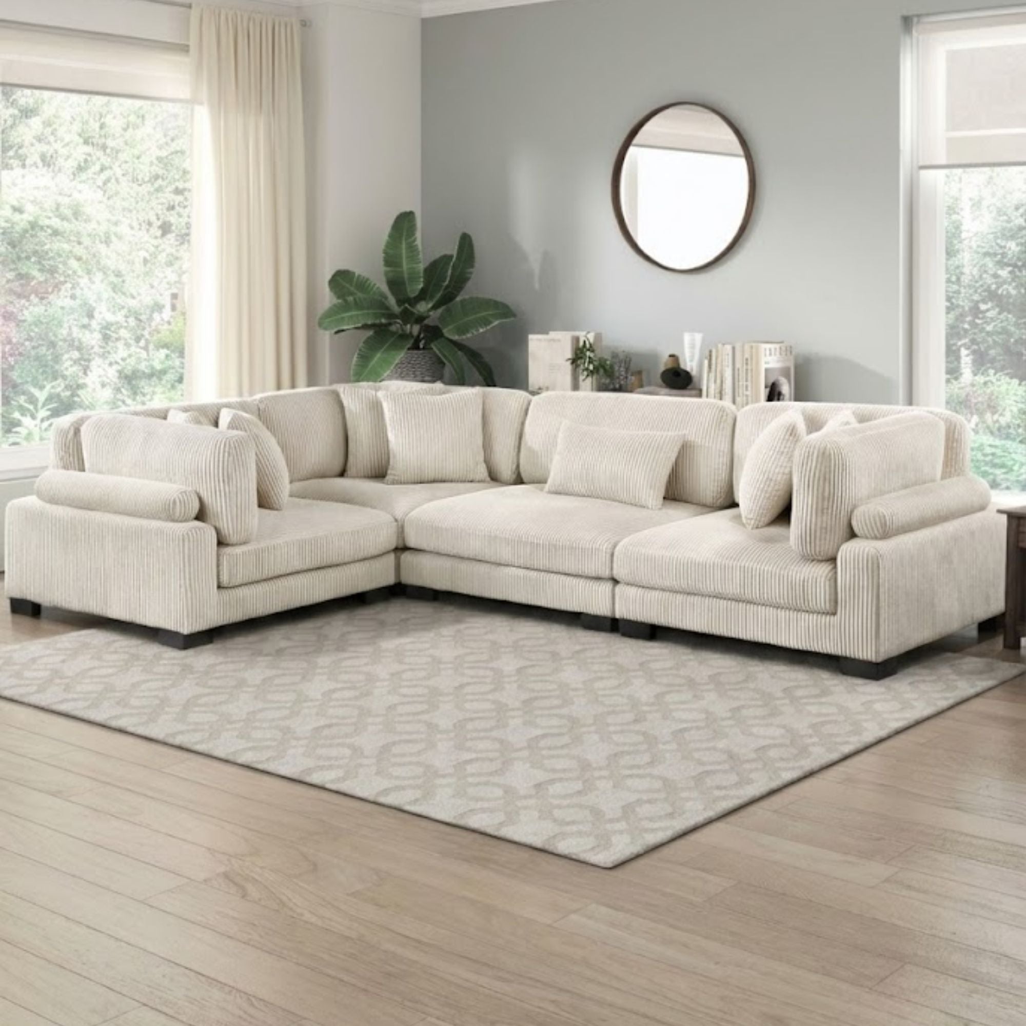 MAZ Traverse 4-piece beige sectional sofa with modern modular design, shown in a stylish living room setting.