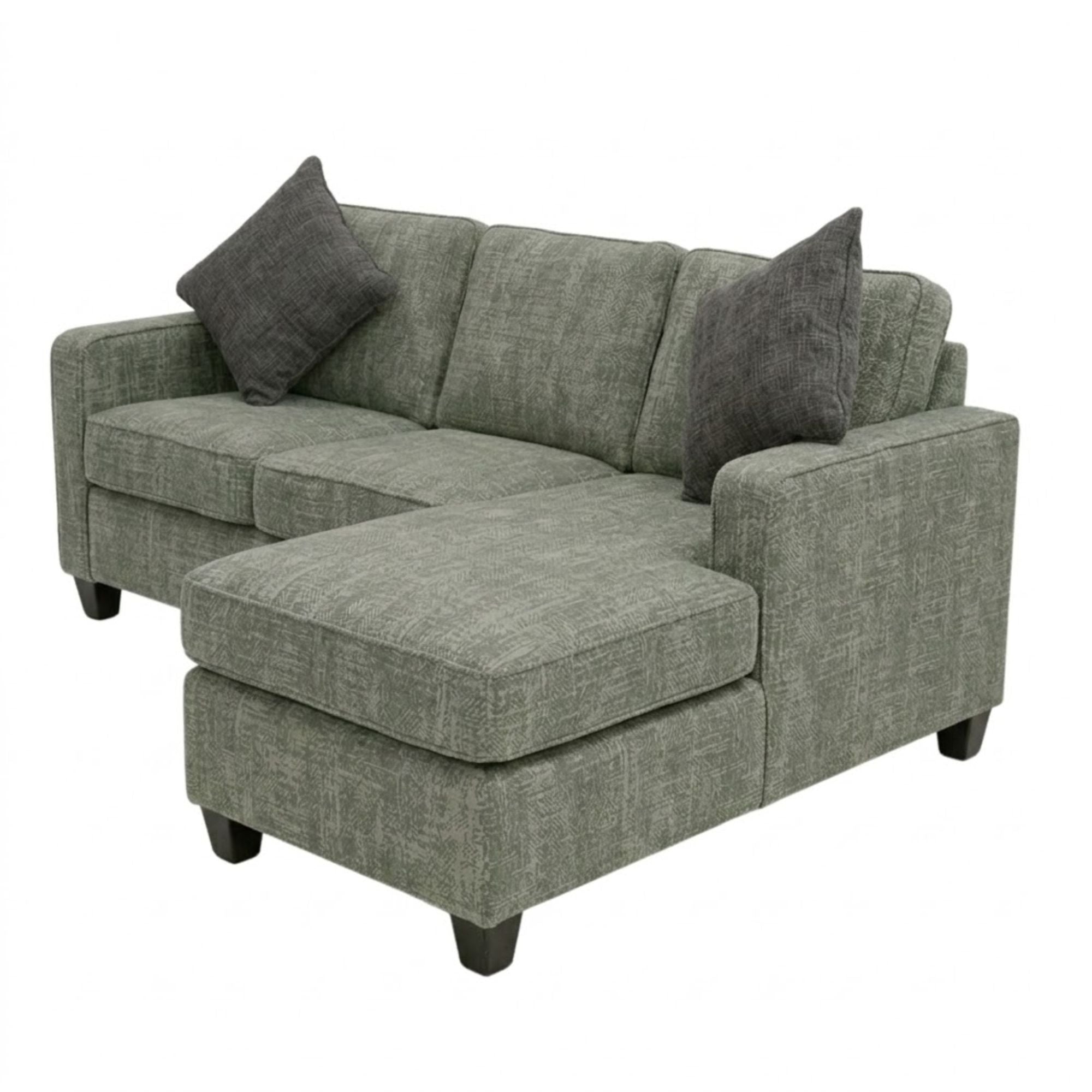 Canadian made A.C. reversible sectional sofa with chaise and ottoman in green and grey fabric, showcasing modern living room style.