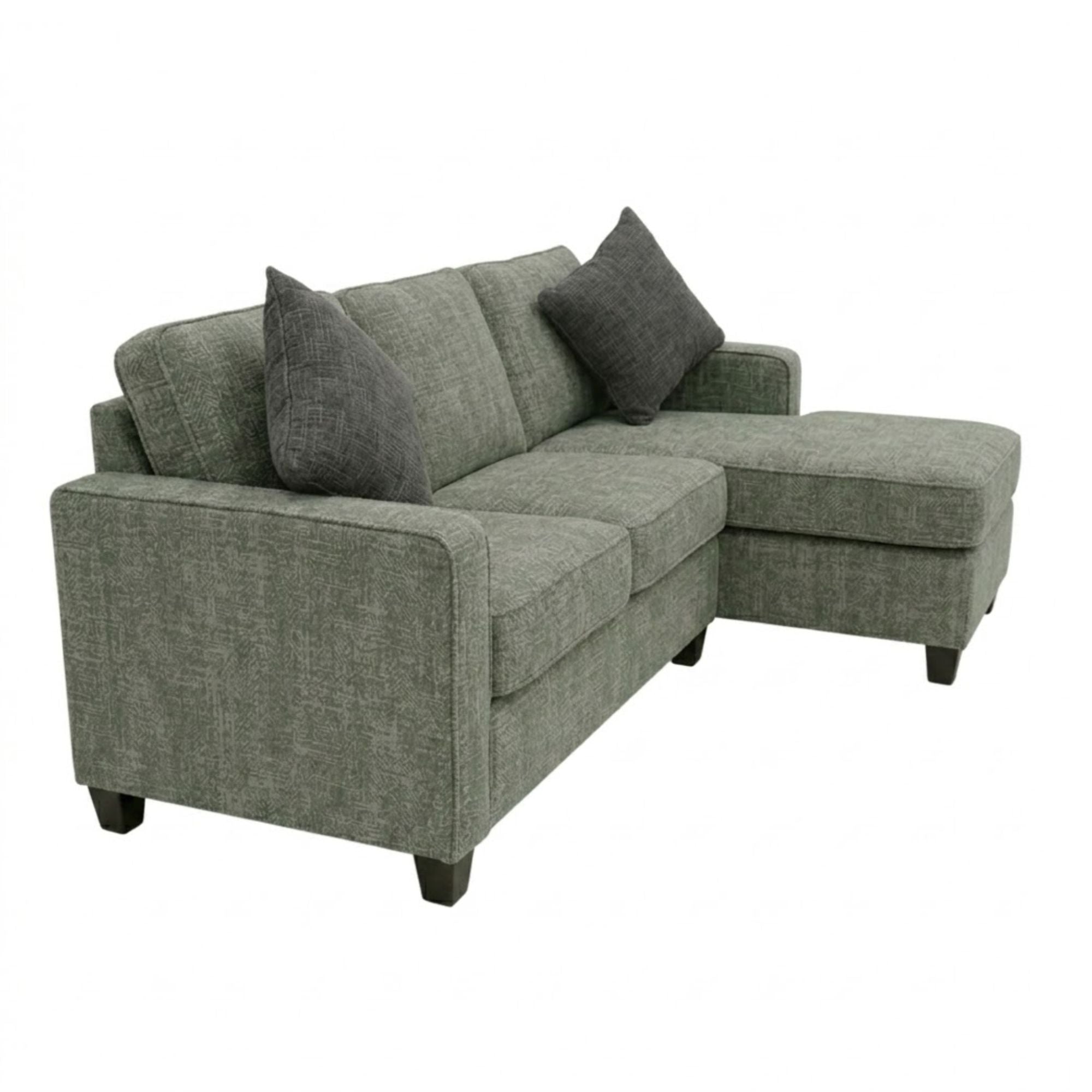 Canadian made reversible sectional sofa with chaise and ottoman in grey-green fabric by A.C.