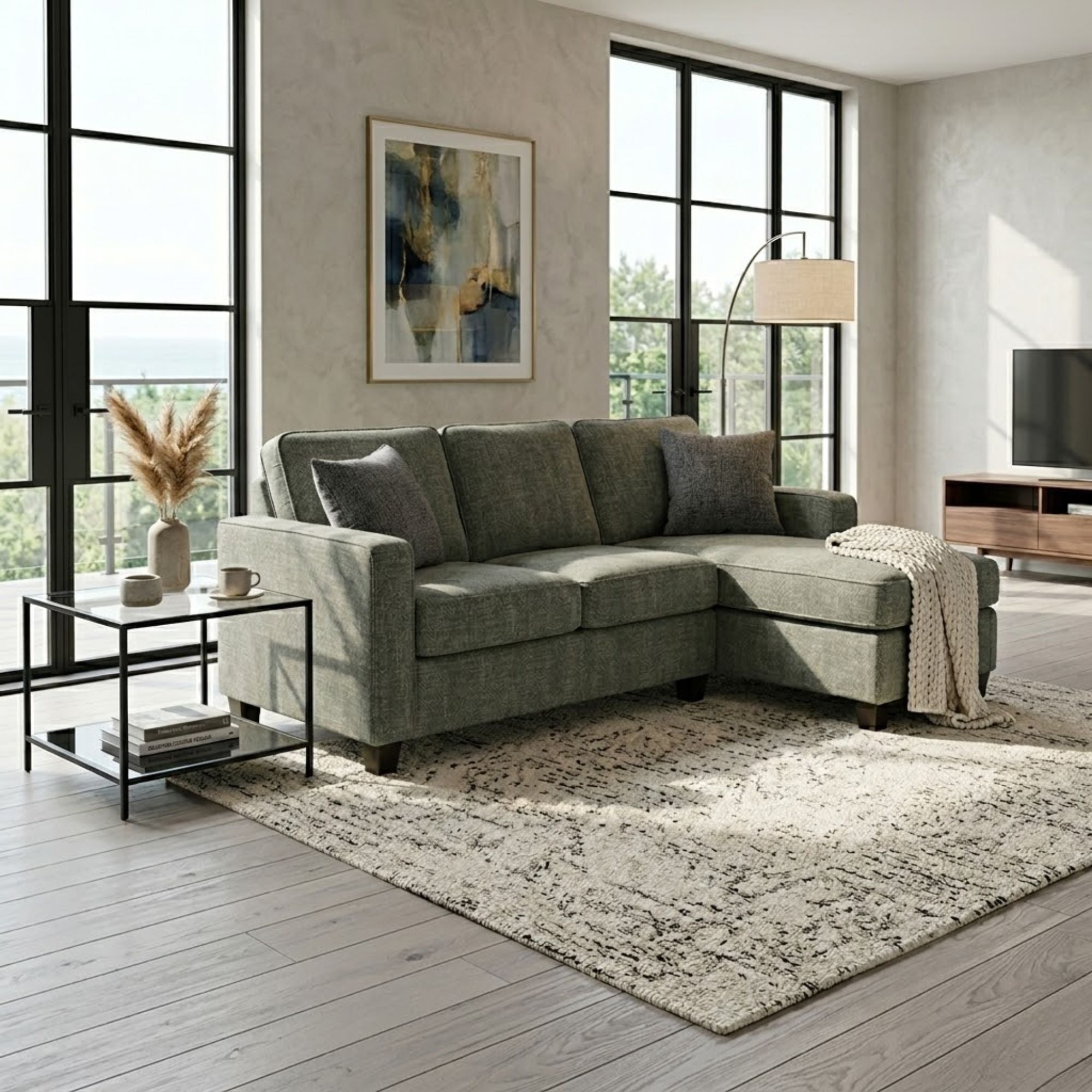 A Canadian made reversible sectional sofa with a chaise and ottoman in green and grey fabric, designed by A.C.