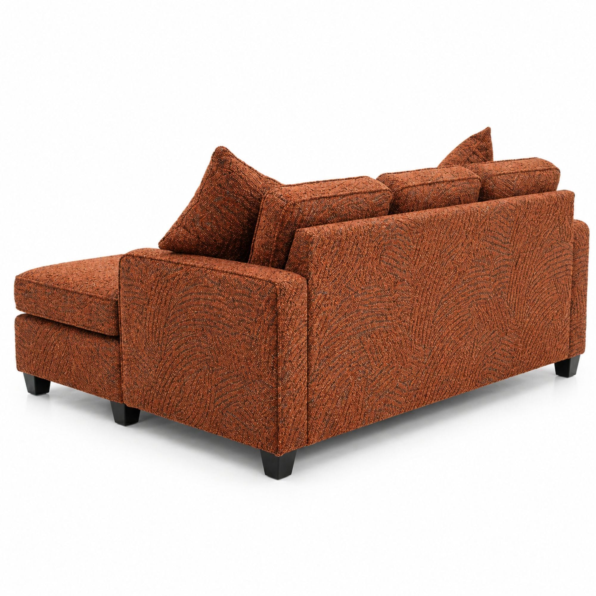 Canadian made A.C. reversible sectional sofa with a chaise and orange upholstery, featuring a stylish and comfortable design.