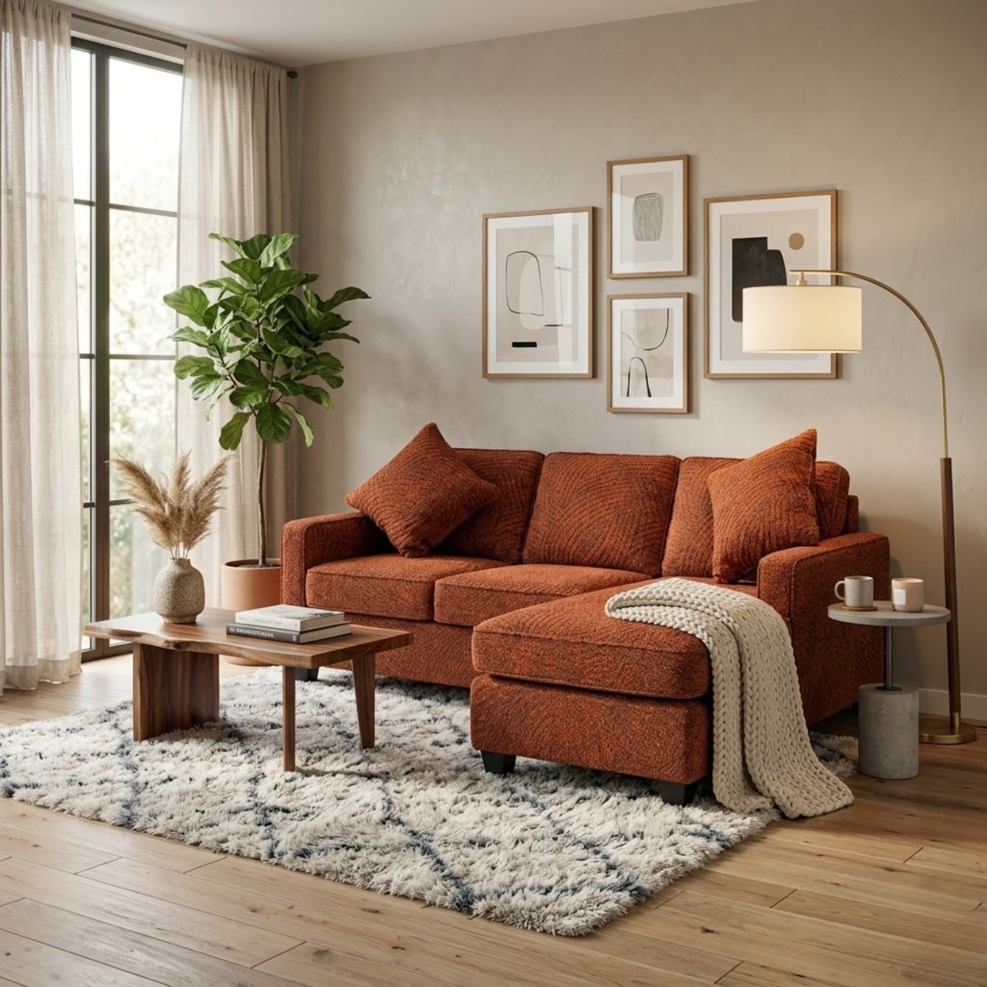 A.C. Canadian made reversible sectional sofa with chaise and ottoman in vibrant orange fabric, showcasing modern living room style.