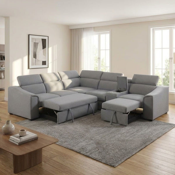 Grey Brassex sectional sleeper sofa with plush cushions and modern design, shown in a cozy living room setting.