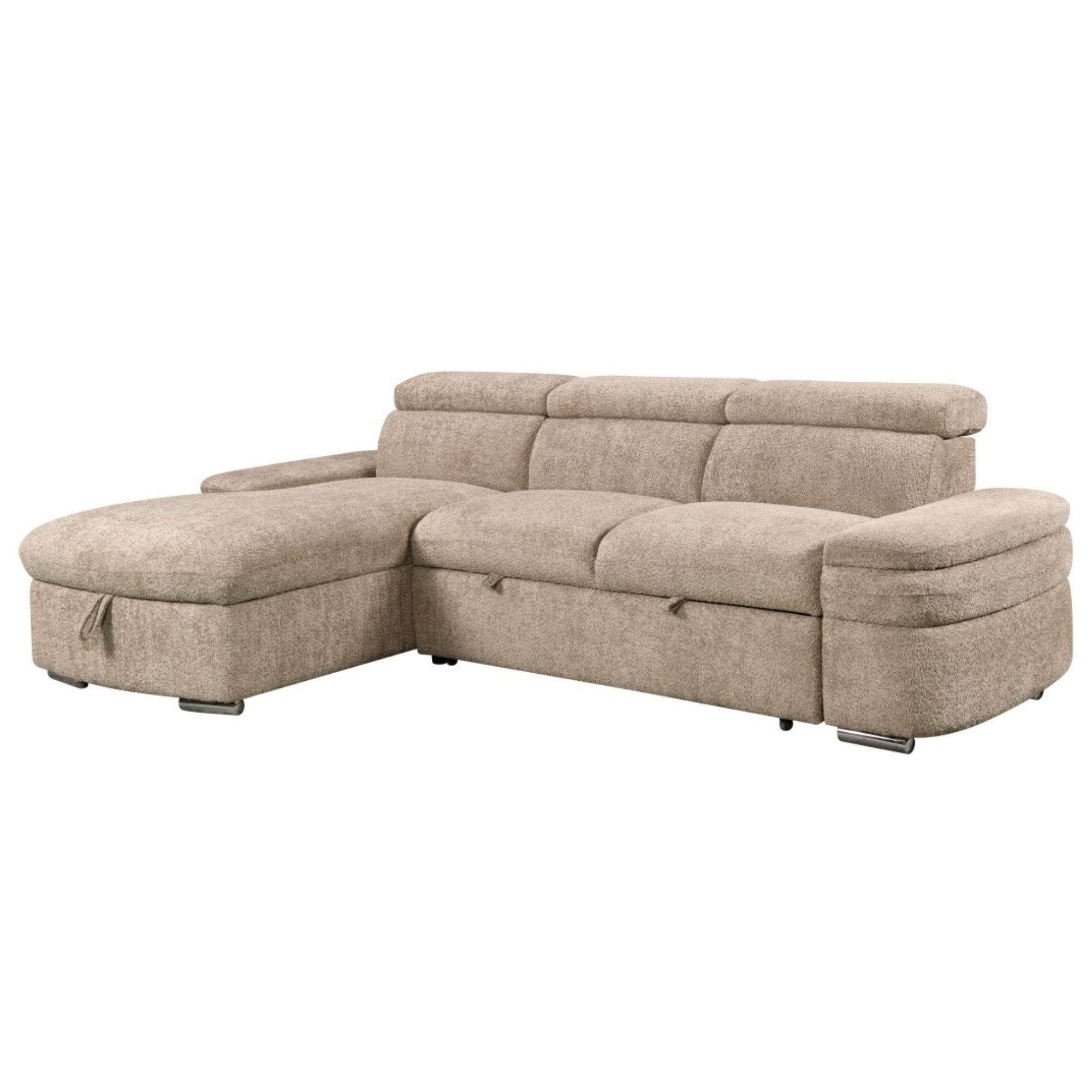 Beige Brassex sectional sleeper sofa with storage chaise, featuring plush cushions and modern design, ideal for living room seating.