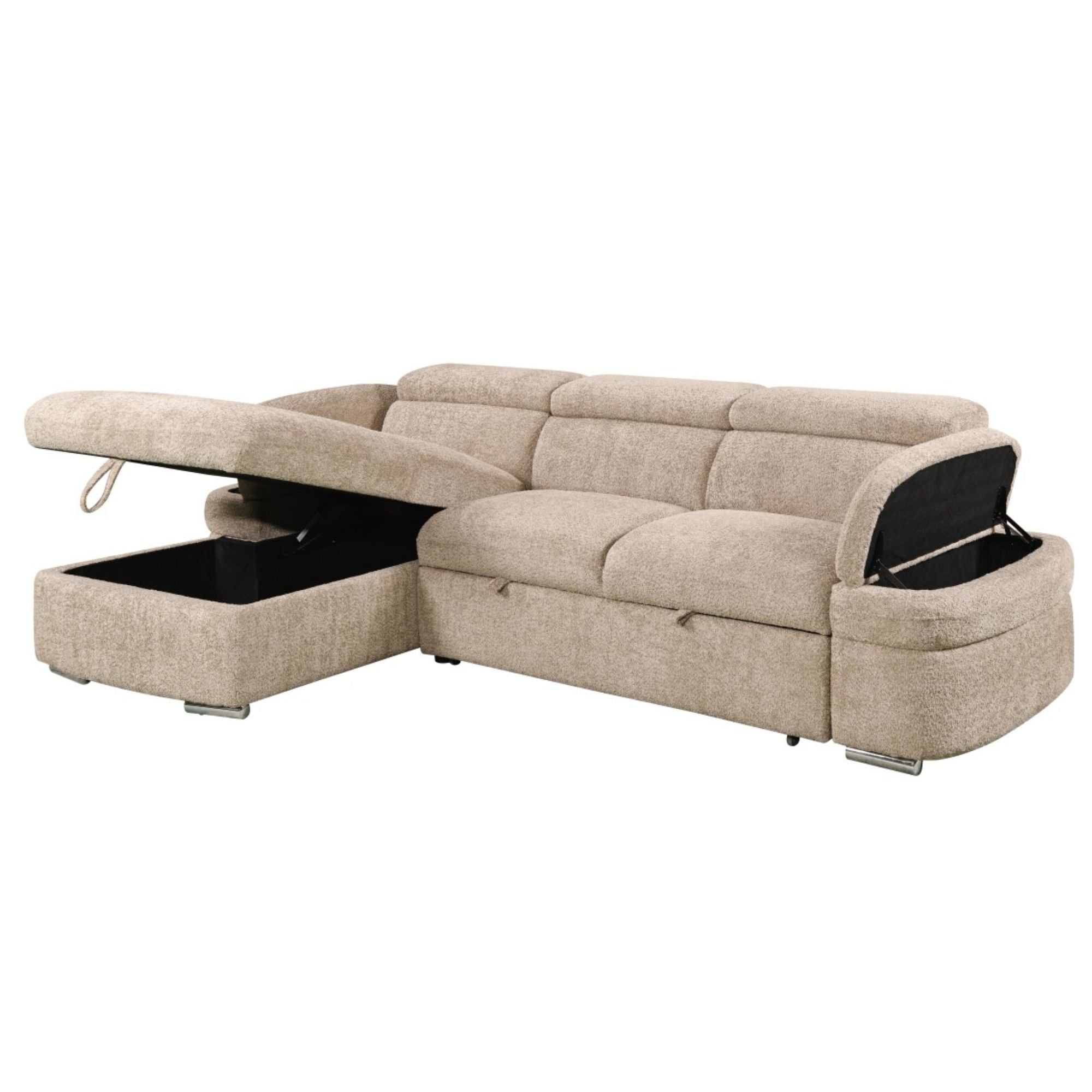 Beige Brassex sectional sleeper with storage chaise, featuring a comfortable fabric design and modern style.