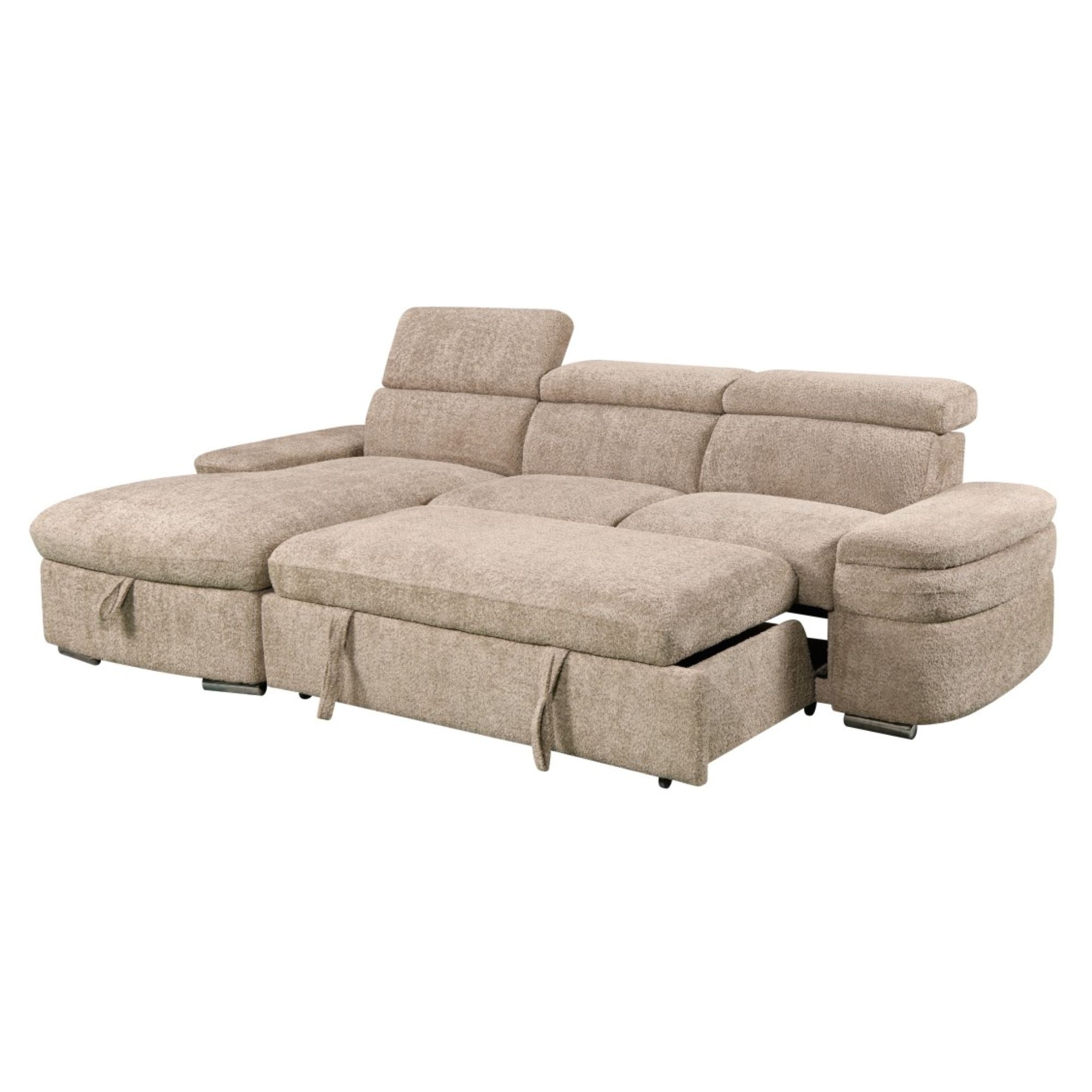 Beige Brassex sectional sleeper with storage chaise, featuring plush cushions and modern design in a cozy living room setting.