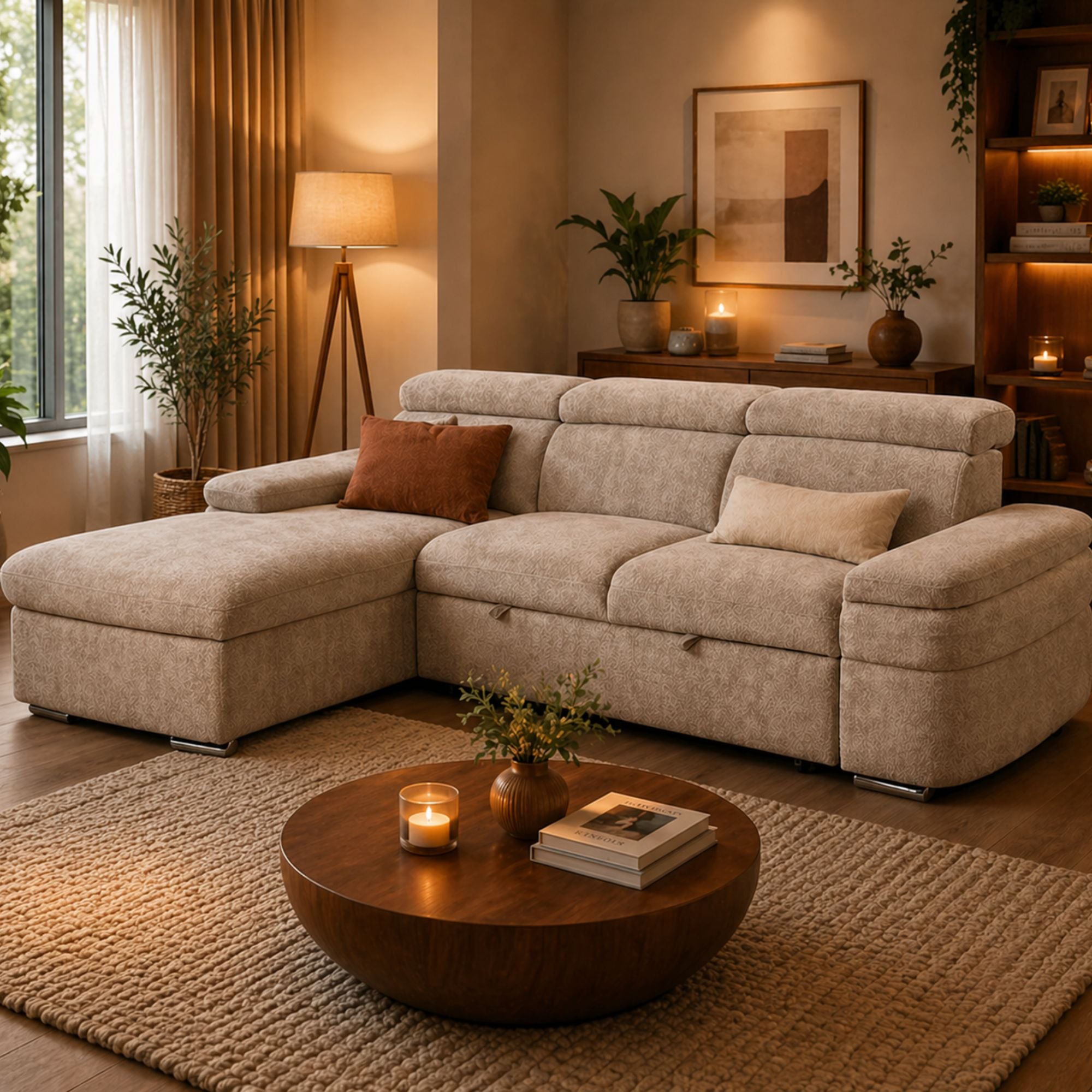 Beige Brassex sectional sleeper with storage chaise, showcasing fabric upholstery and modern design in a living room setting.