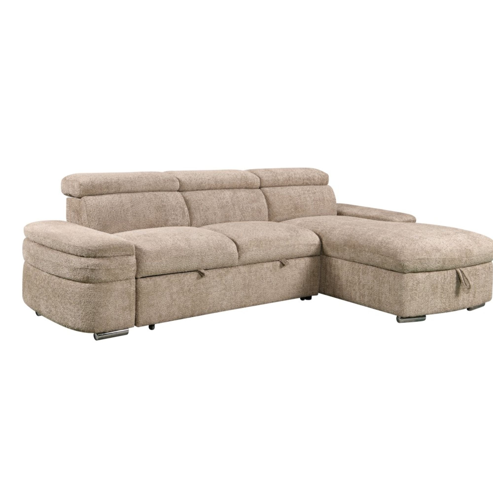 Beige Brassex sectional sleeper with storage chaise, featuring plush cushions and a modern design for versatile living space.