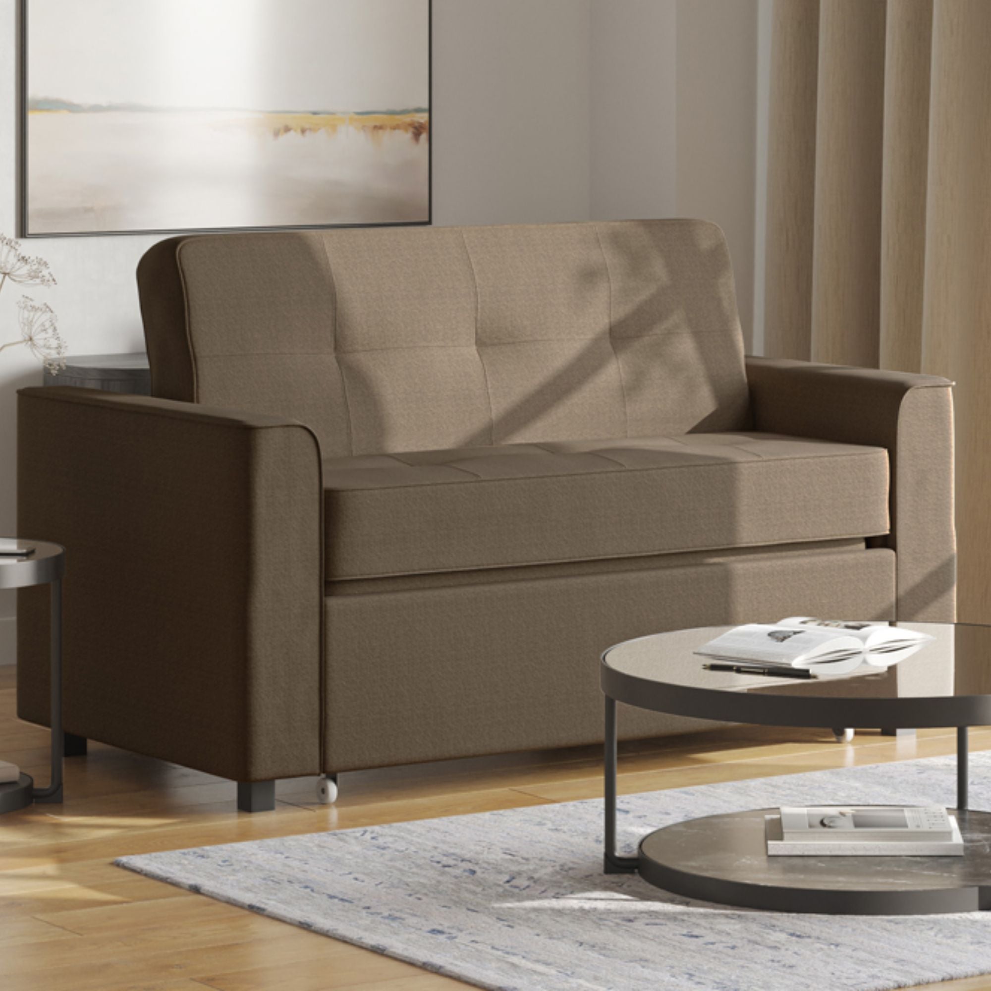 Brown Canadian-made sofa sleeper sectional from Titus Furniture with plush cushions and convertible design for guest sleeping.